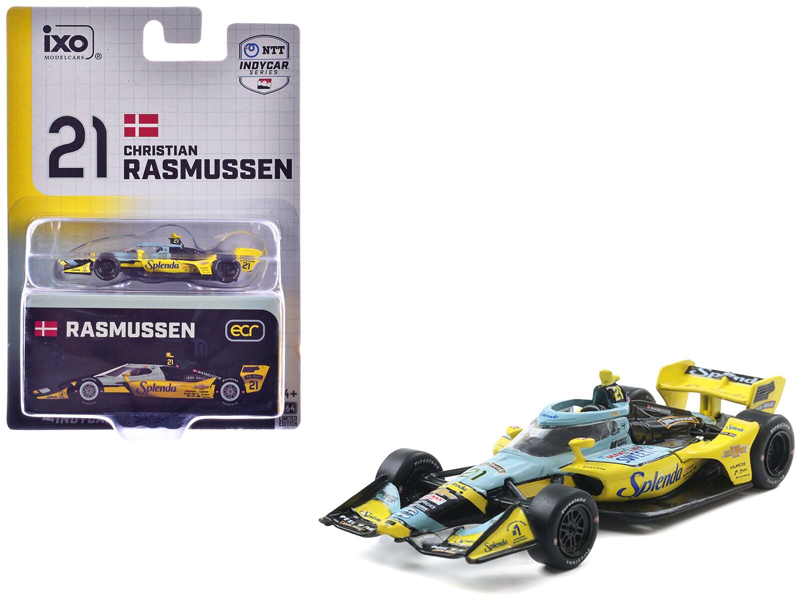 IXO - Dallara IndyCar #21 Christian Rasmussen Splenda Ed Carpenter Racing Road Course NTT IndyCar Series 2025 1/64 - Yellow , Blue