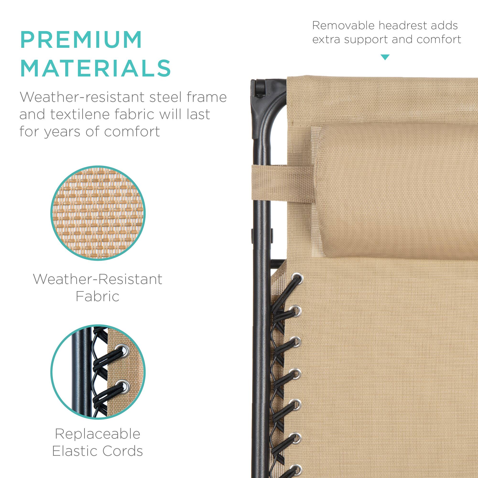 **PREMIUM MATERIALS**

Weather-resistant steel frame and textilene fabric will last for years of comfort

- Weather-Resistant Fabric
- Replaceable Elastic Cords

Removable headrest adds extra support and comfort