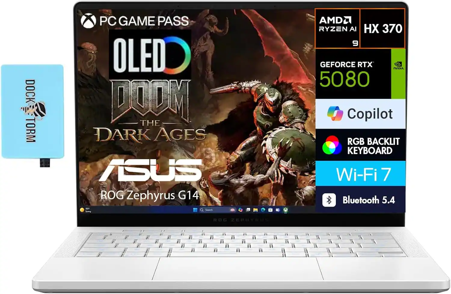 DOCK E-TORM TORM PC GAME PASS OLED DOOM THE DARK AGES ASUS ROG Zephyrus G14 AMD RYZEN AI HX 370 9 GEFORCE RTX 5080 Copilot RGB BACKLIT KEYBOARD Wi-Fi 7 Bluetooth 5.4 ROG ZEPHYRUS