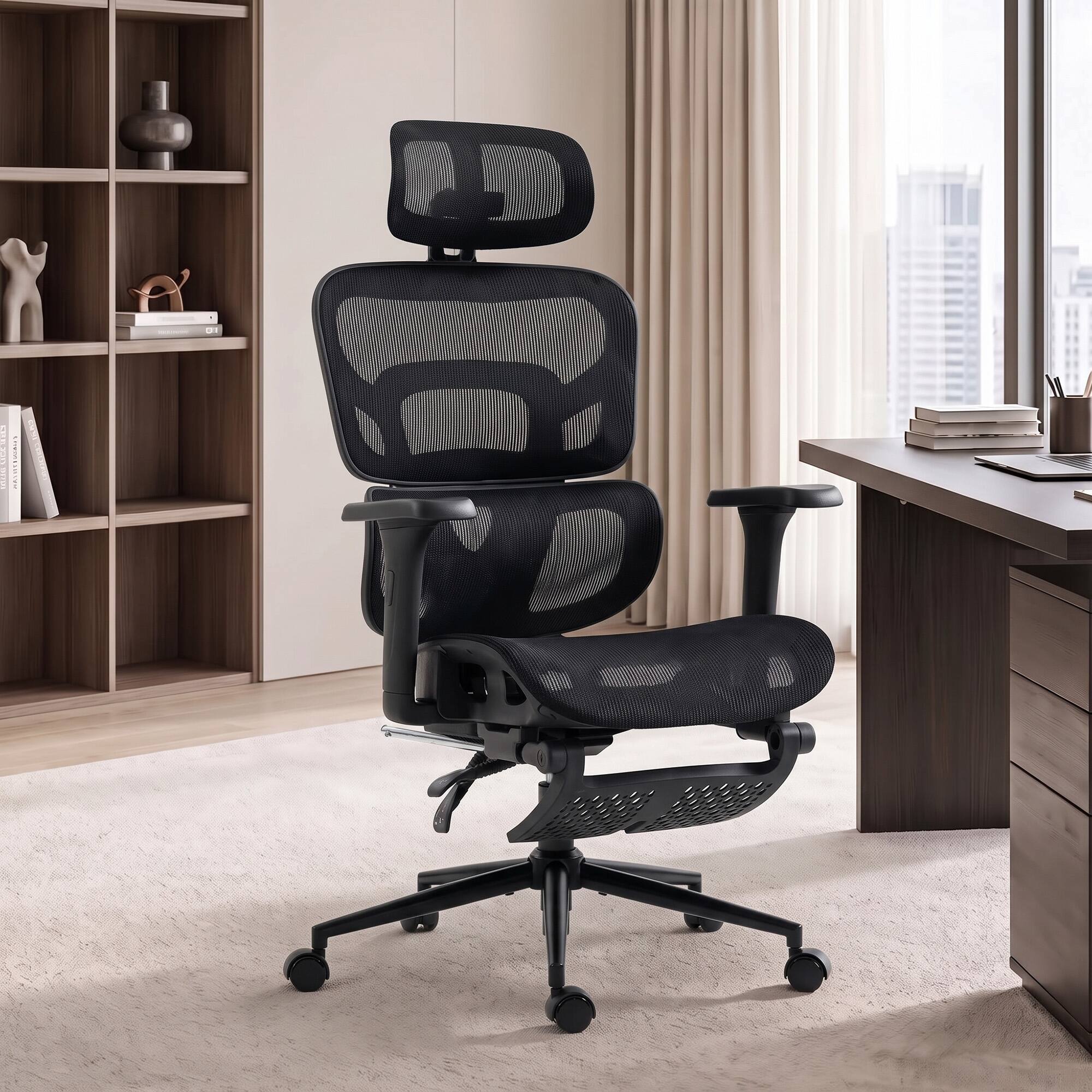 Alt View 1. Homcom - Office Chair with Lumbar Support, 2D Headrest, Mesh Reclining Desk Chair with Footrest - Black.