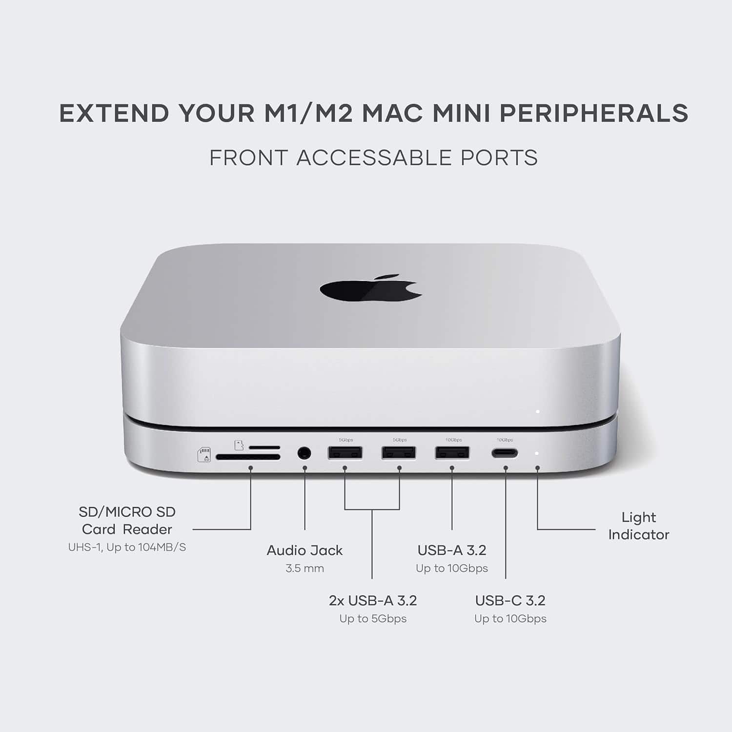 EXTEND YOUR M1/M2 MAC MINI PERIPHERALS FRONT ACCESSIBLE PORTS:
* SD/Micro SD Card Reader (UHS-1, Up to 104MB/S)
* Audio Jack (3.5 mm)
* USB-A 3.2 (Up to 10Gbps)
* USB-C 3.2 (Up to 10Gbps)
* Light Indicator
* 2x USB-A 3.2 (Up to 5Gbps)