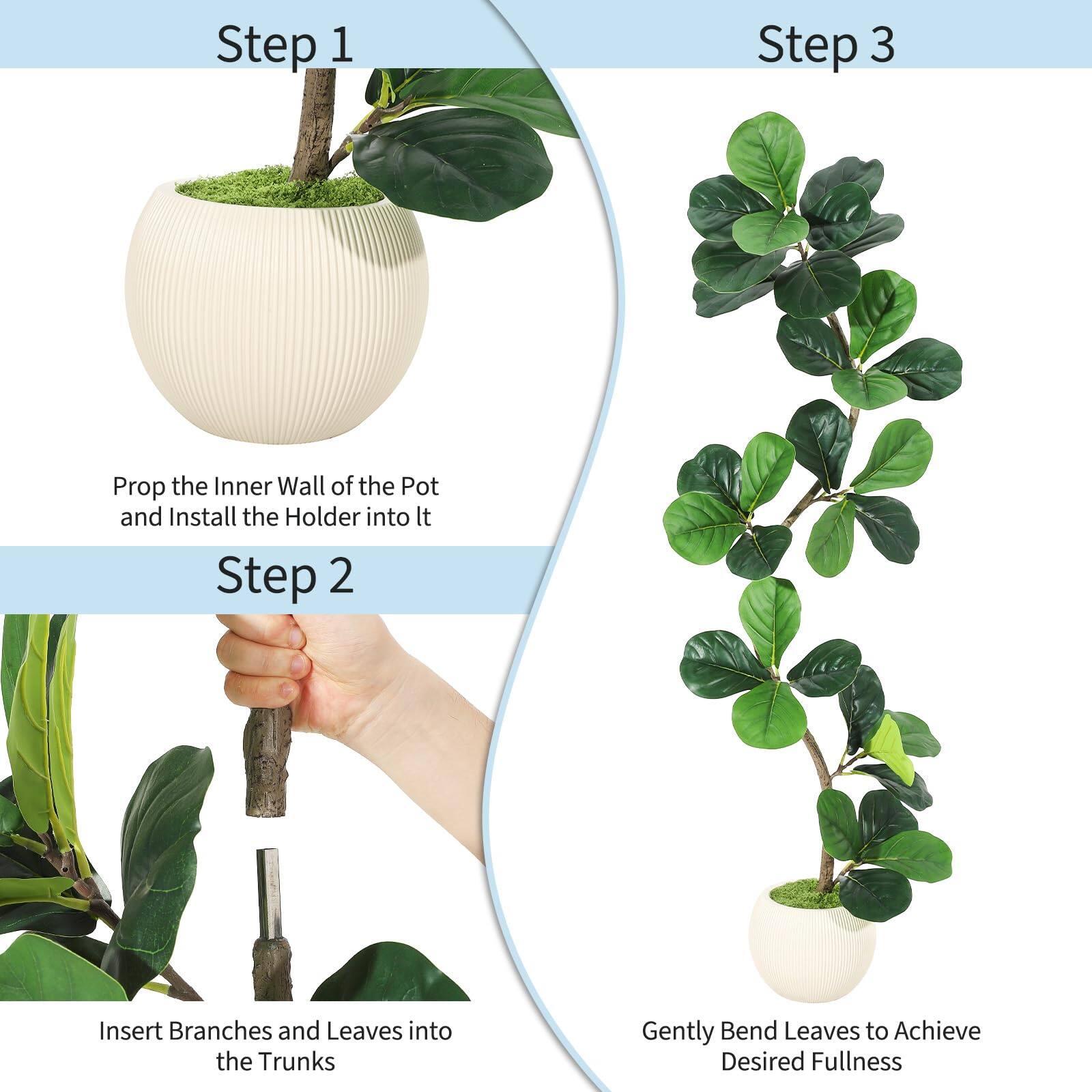 Step 1: Prop the Inner Wall of the Pot and Install the Holder into It

Step 2: Insert Branches and Leaves into the Trunks

Step 3: Gently Bend Leaves to Achieve Desired Fullness