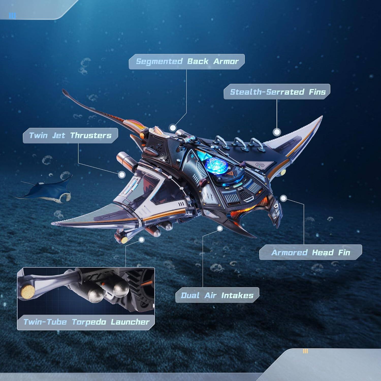Segmented Back Armor  
Stealth-Serrated Fins  
Twin Jet Thrusters  
Armored Head Fin  
Dual Air Intakes  
Twin-Tube Torpedo Launcher