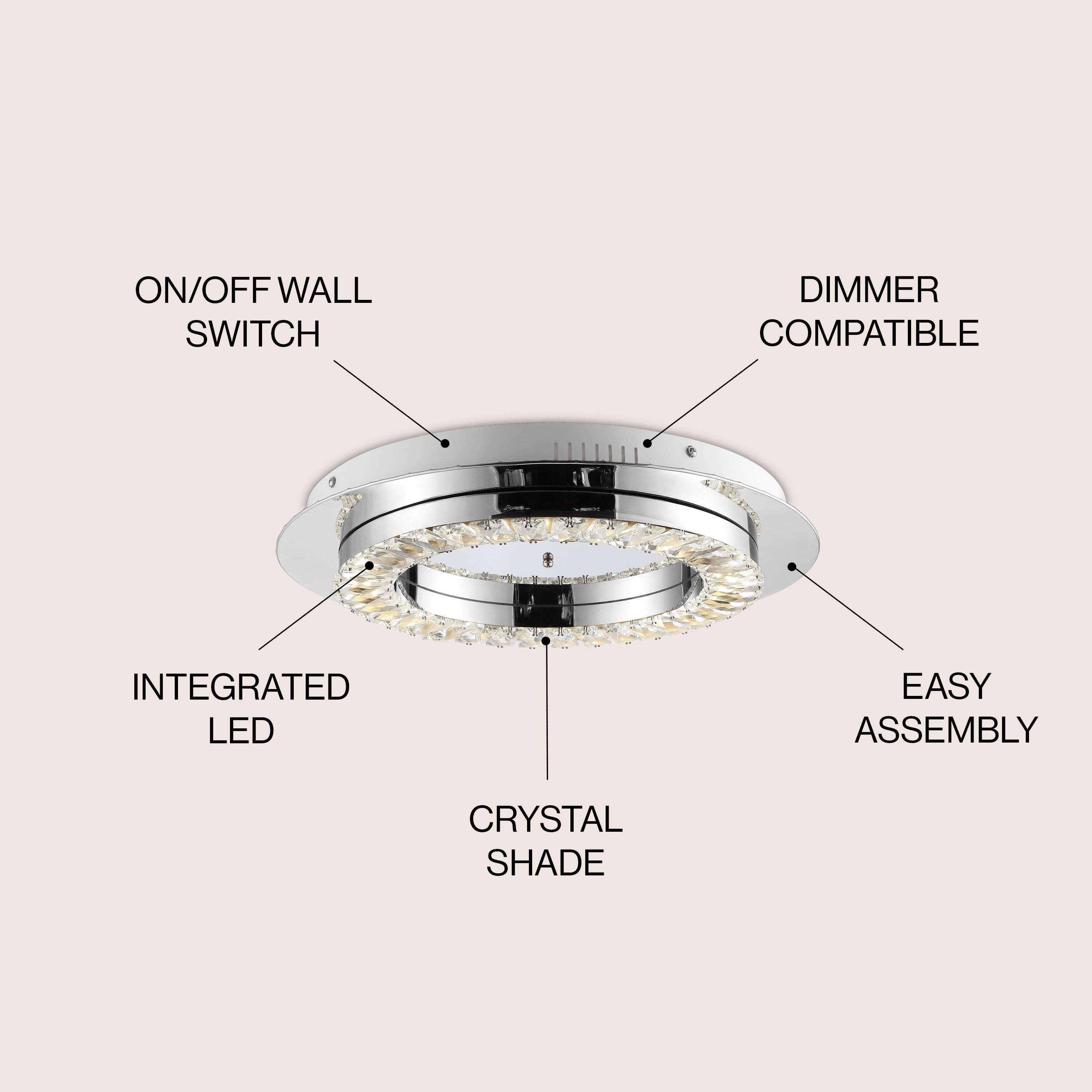 - ON/OFF WALL SWITCH
- DIMMER COMPATIBLE
- INTEGRATED LED
- EASY ASSEMBLY
- CRYSTAL SHADE