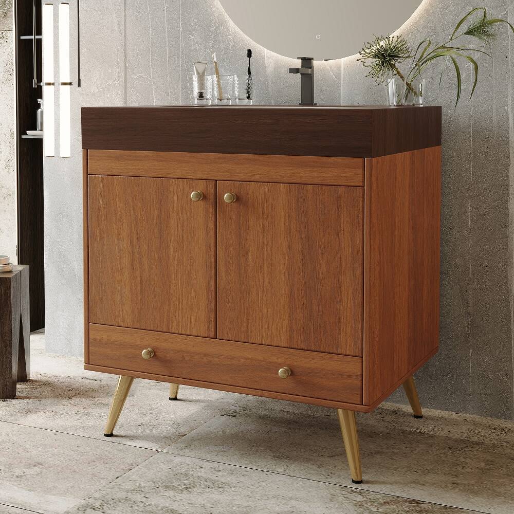 Alt View 2. Loheer - Loheer 30 inch freestanding bathroom vanity Walnut Faux Marble Top Ceramic Sink - Walnut.