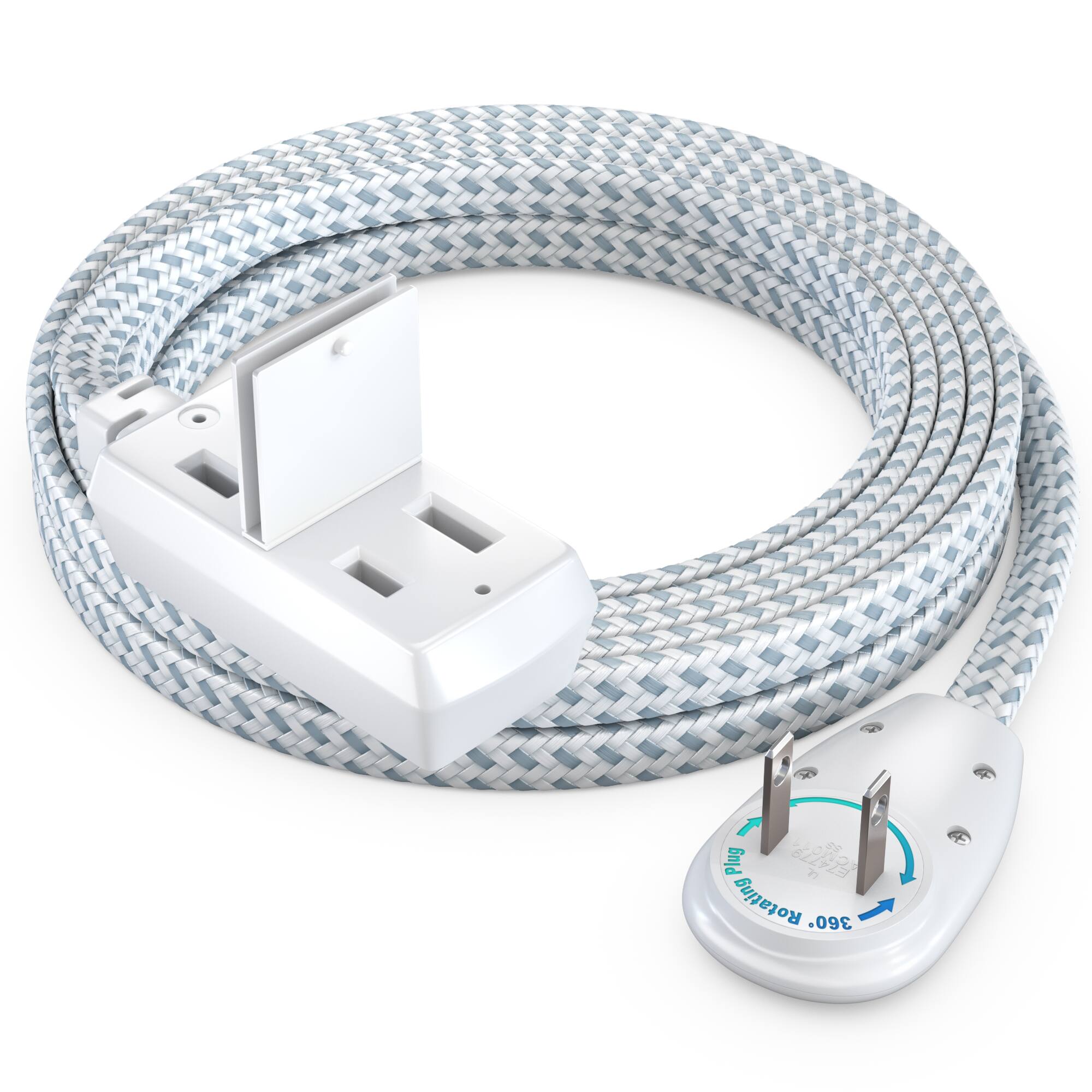 Maximm - 10ft 360° Rotating Flat Plug Extension Cord/Wire, 16 AWG, 3 Outlet Braided, 2 Prong with Safety Cover - UL Certified - Gray