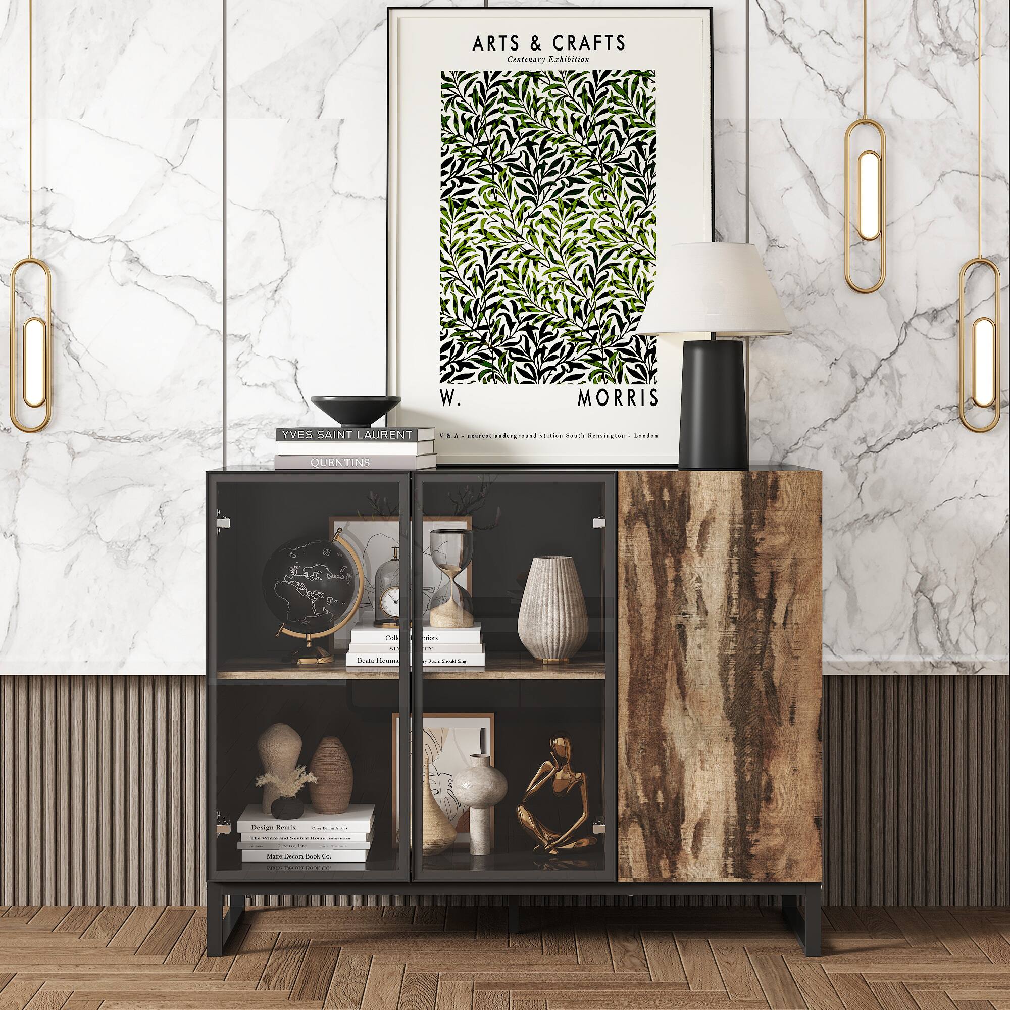 ARTS & CRAFTS  
Crafts & Exhibition  
W. MORRIS  

YVES SAINT LAURENT  
QUENTINS  

Background Station South Kensington - London