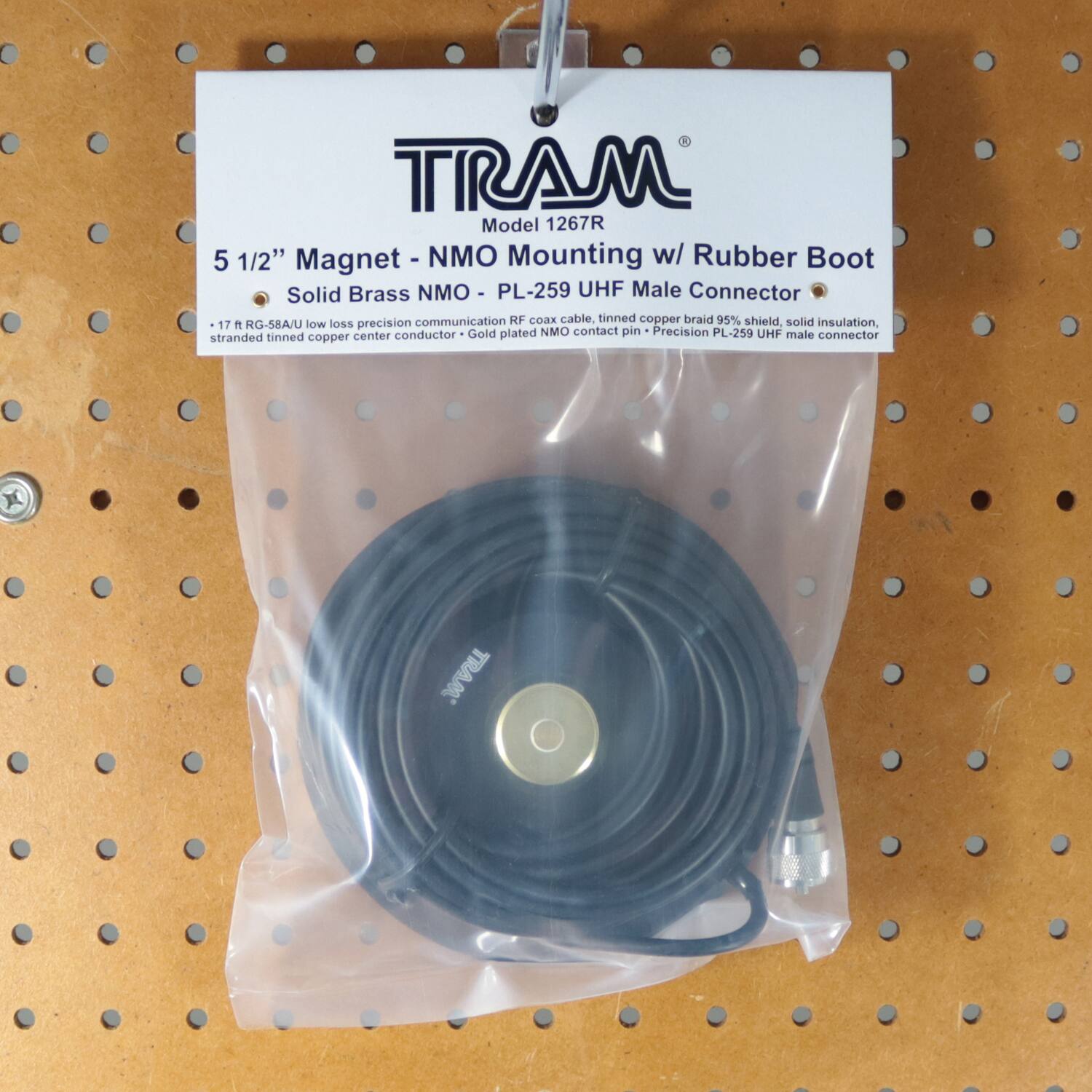 TRAM  
Model 1267R  

5 1/2" Magnet - NMO Mounting w/ Rubber Boot  
Solid Brass NMO - PL-259 UHF Male Connector  

- 17' RG-58A/U low loss precision communication RF coax cable, tinned copper braid 95% shield, solid insulation.  
- Gold plated NMO contact pin - Precision PL-259 UHF male connector  
- Stranded tinned copper center conductor  

TRAM