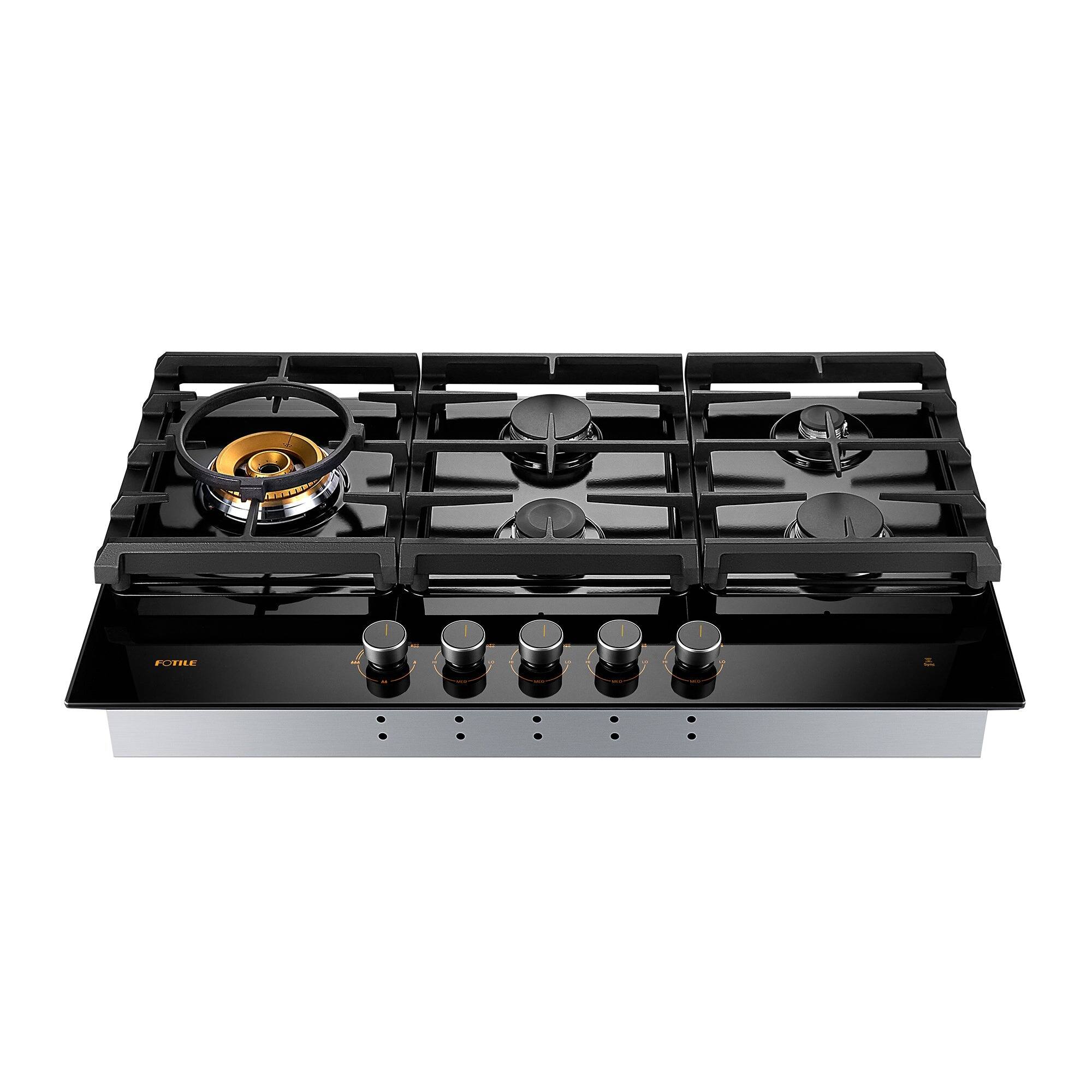 Left. FOTILE - FOTILE Tri-Ring 36" Gas Cooktop in Tempered Glass with 5 Burners Including Flame Failure Device - Black.