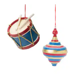 BreeBe - Toy Drum and Top Spinner Ornament (Set of 12) - Red, Blue, Gold