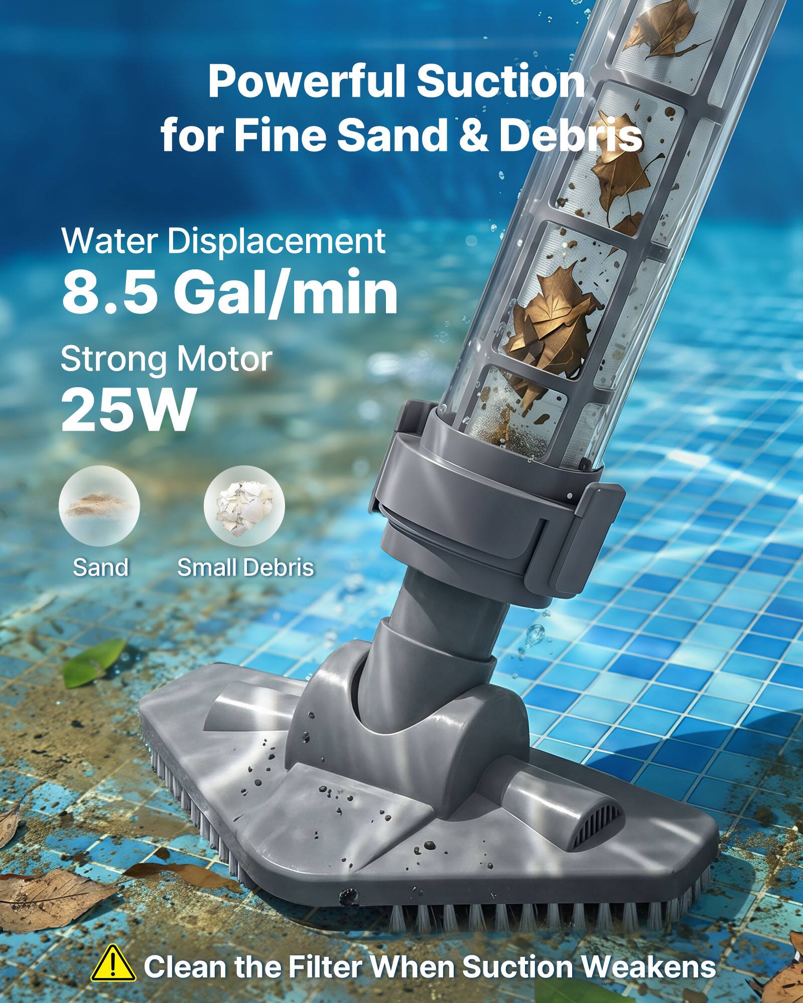 Powerful Suction for Fine Sand & Debris  
Water Displacement 8.5 Gal/min  
Strong Motor 25W  
Sand Small Debris  
Clean the Filter When Suction Weakens