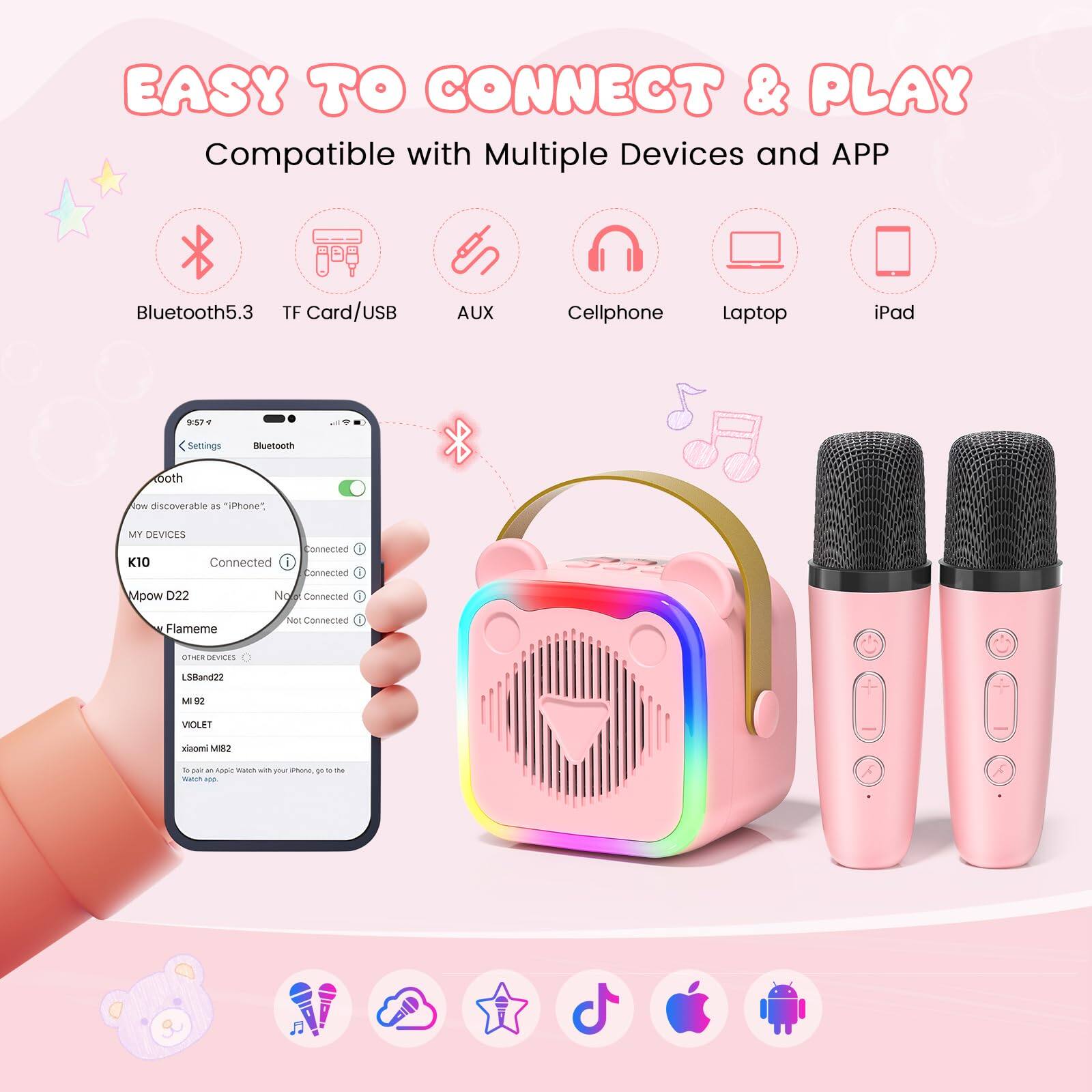 EASY TO CONNECT & PLAY  
Compatible with Multiple Devices and APP

Bluetooth5.3  
TF Card/USB  
AUX  
Cellphone  
Laptop  
iPad

Settings  
Bluetooth  
Now discoverable as "iPhone"

MY DEVICES  
K10 Connected  
Mpow D22 Connected  
Flameme Connected  
LSSand22 Not Connected  
M92 Not Connected  
VIOLET Not Connected

OTHER DEVICES  
Xiaomi Mi82

To connect Apple Watch with your iPhone, go to the search bar.