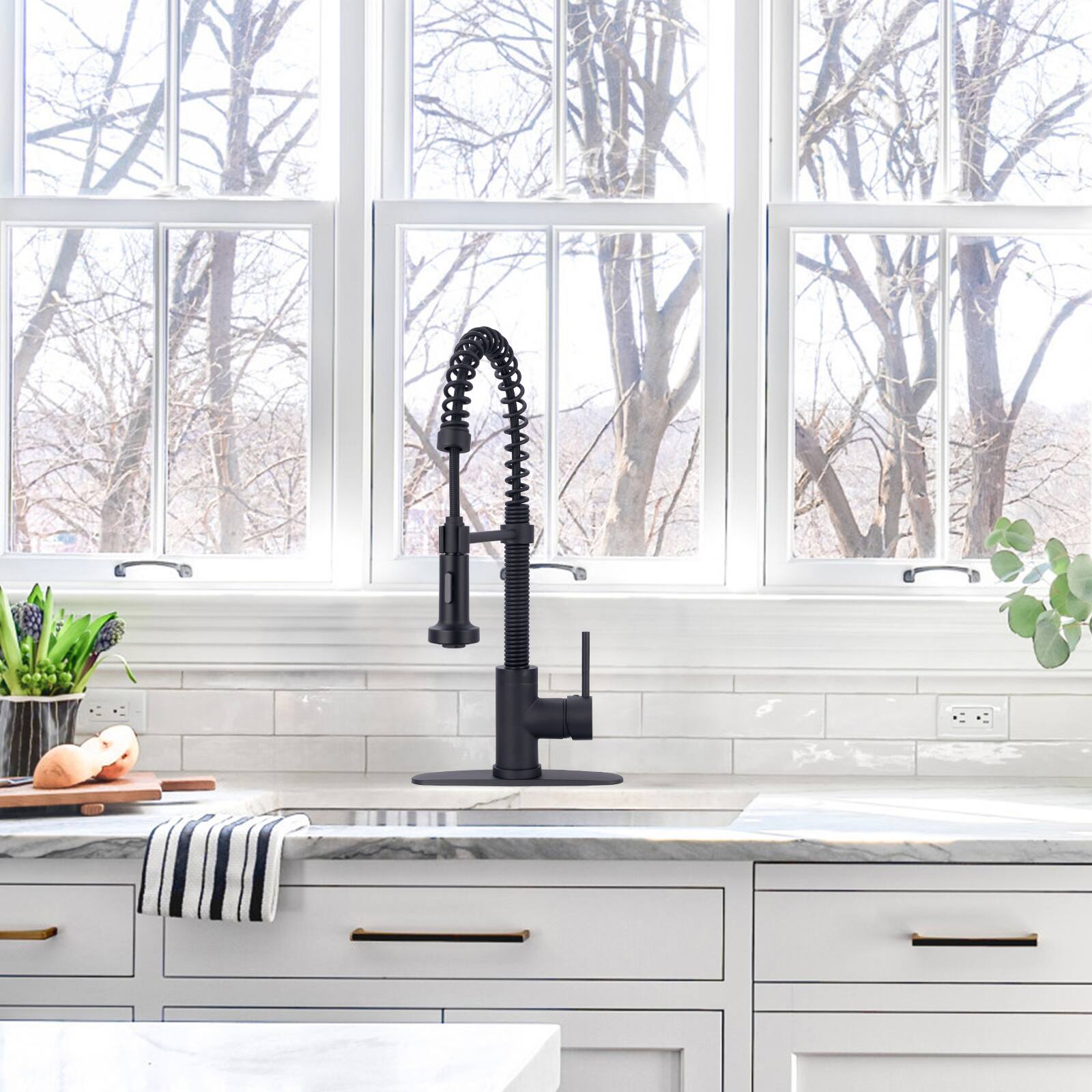 Alt View 4. Akicon - Akicon Pre-Rinse Spring Single Handle Solid Brass Kitchen Faucet with Pull Down Sprayer in Matte Black - Matte Black.