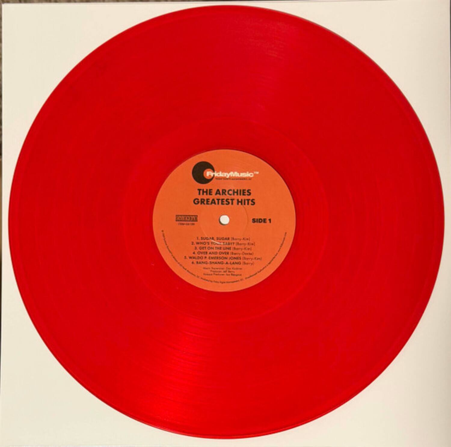 FridayMusic  
THE ARCHIES  
GREATEST HITS  
SIDE 1  

1. SUGAR SUGAR  
2. WHO'S BAD  
3. GET ON THE LINE  
4. OVER AND OVER  
5. WALDO  
6. BANG-SHANG-A-LANG