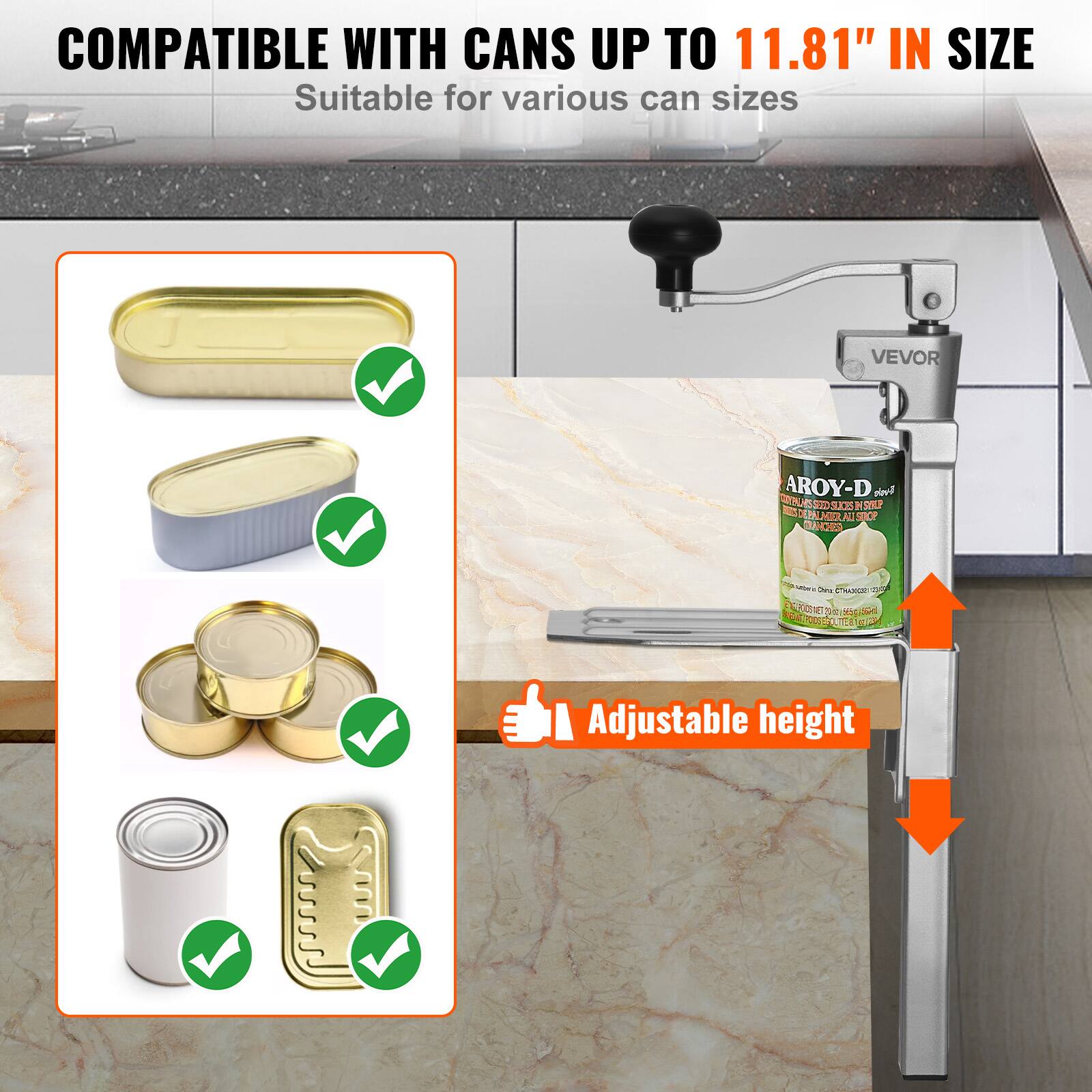 COMPATIBLE WITH CANS UP TO 11.81" IN SIZE  
Suitable for various can sizes  

Adjustable height