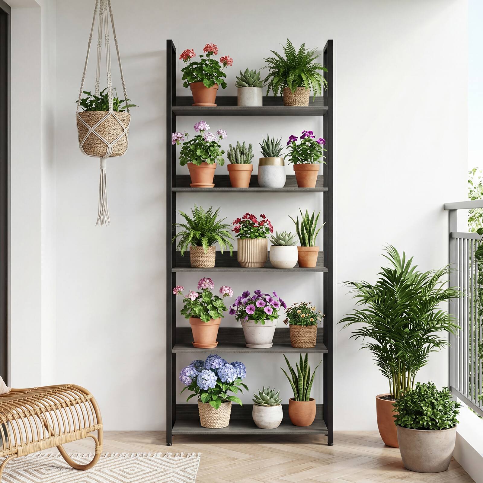 Alt View 4. Costway - Costway 1 PCS 5-Tier Bookshelf, Tall Wooden Open Bookcase with Back Panels and Metal Frame - Rustic Gray + Black.