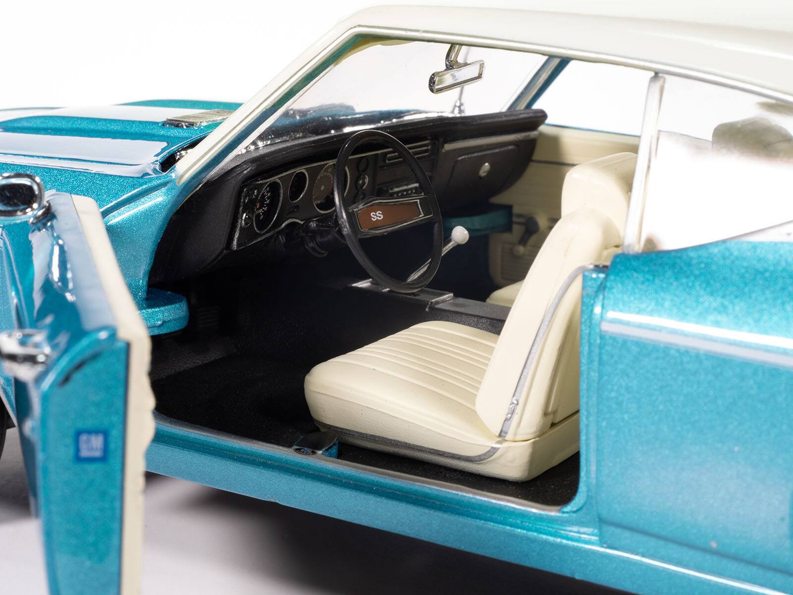 Back. Autoworld - 1969 Chevrolet Chevelle SS 396 Azure Turquoise White Stripes Vinyl Top Interior Muscle Car Corvette Nationals 1/18 - Turquoise Metallic.