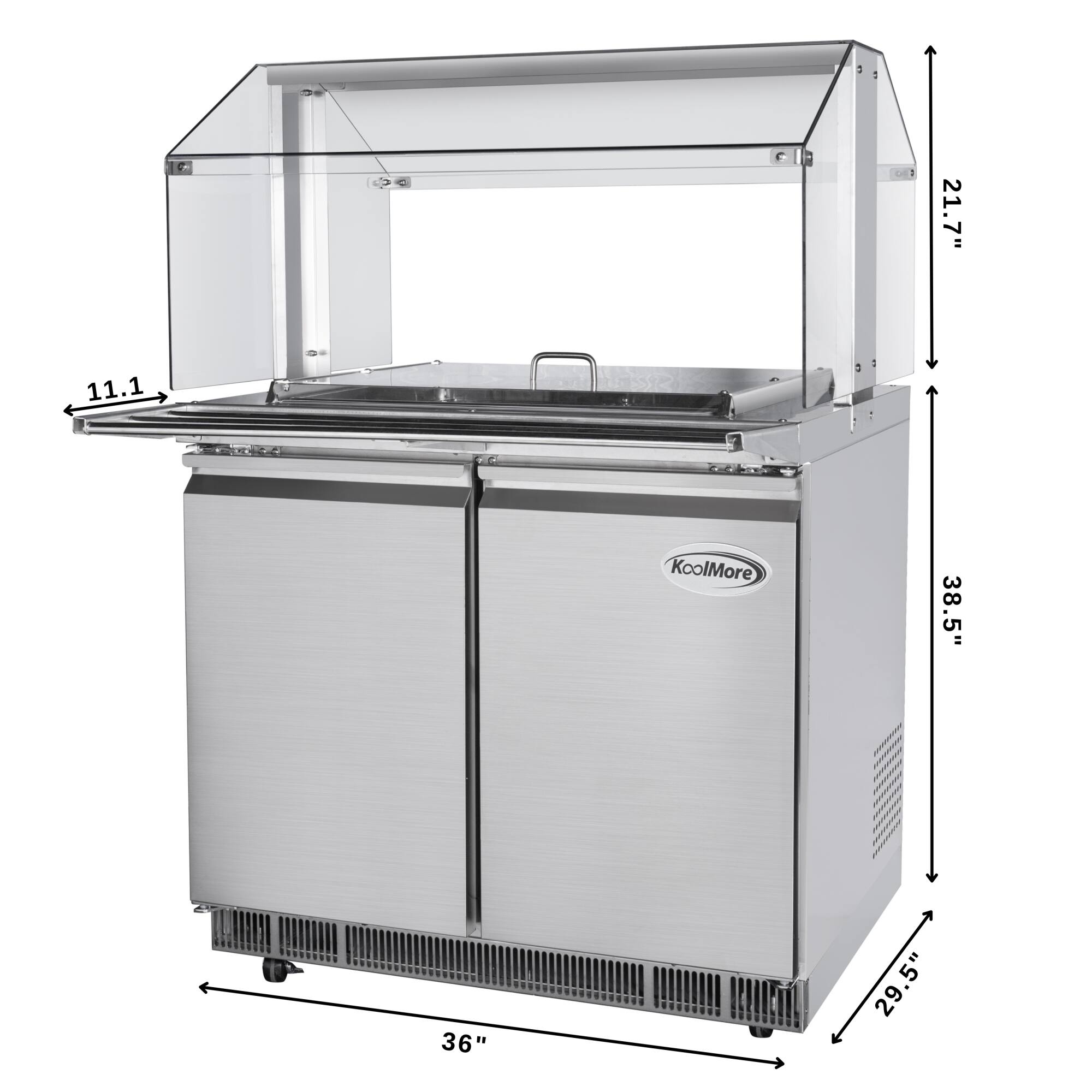 The text on the image reads "21.7" 11.1 KcolMore 38.5" 36" 29.5" .5". The correct grouping of this text is:

"21.7" 11.1 KcolMore 38.5" 36" 29.5" .5"

This text describes the dimensions of a stainless steel food warmer, which is a type of commercial kitchen appliance. The dimensions are given in inches, and they indicate the height, width, and depth of the appliance. The height is 21.7 inches, the width is 38.5 inches, and the depth is 36 inches. Additionally, there is a measurement of .5 inches, which might be the thickness of the appliance or a part of its design.