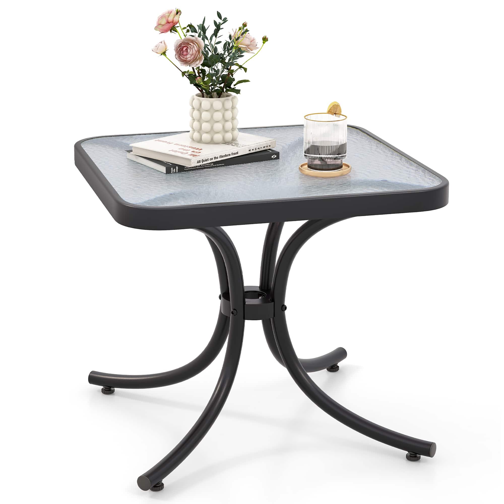 Gymax - Outdoor Side Table Square Patio Table w/ Tempered Glass Top Small Coffee Table - Black