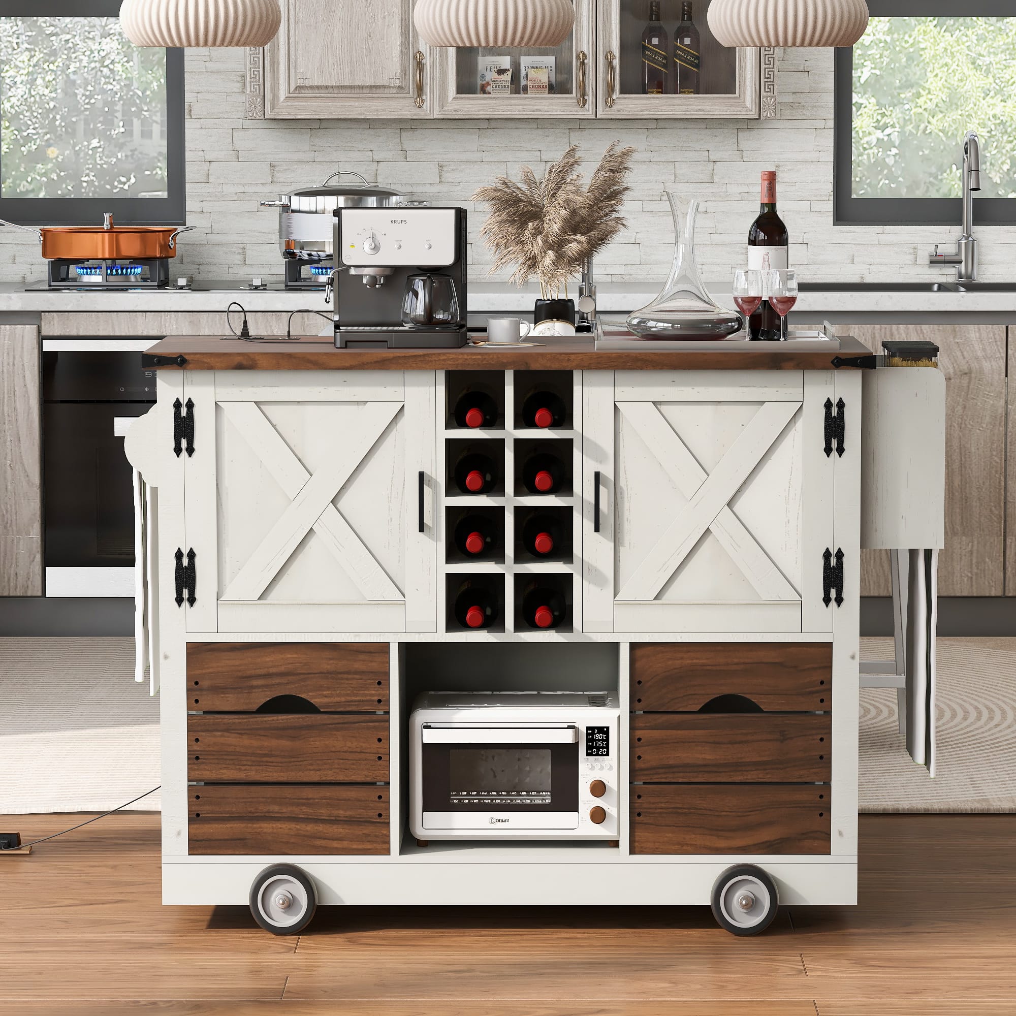 PexFix - 54" Farmhouse Kitchen Island Cart with Built-in Power Outlet, Drop Leaf and Abundant Storage - White