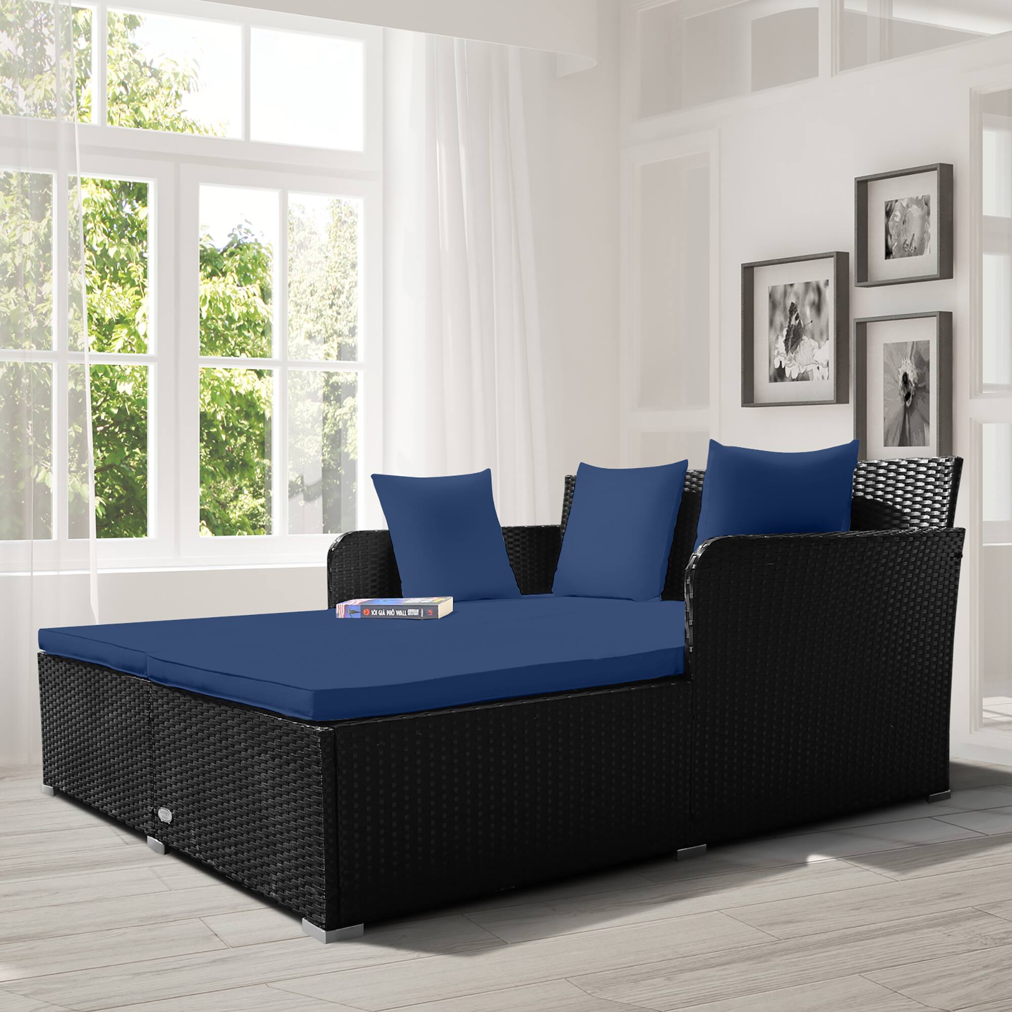 Alt View 3. Costway - Outdoor Patio Rattan Daybed Pillows Cushioned Sofa Furniture - Navy.