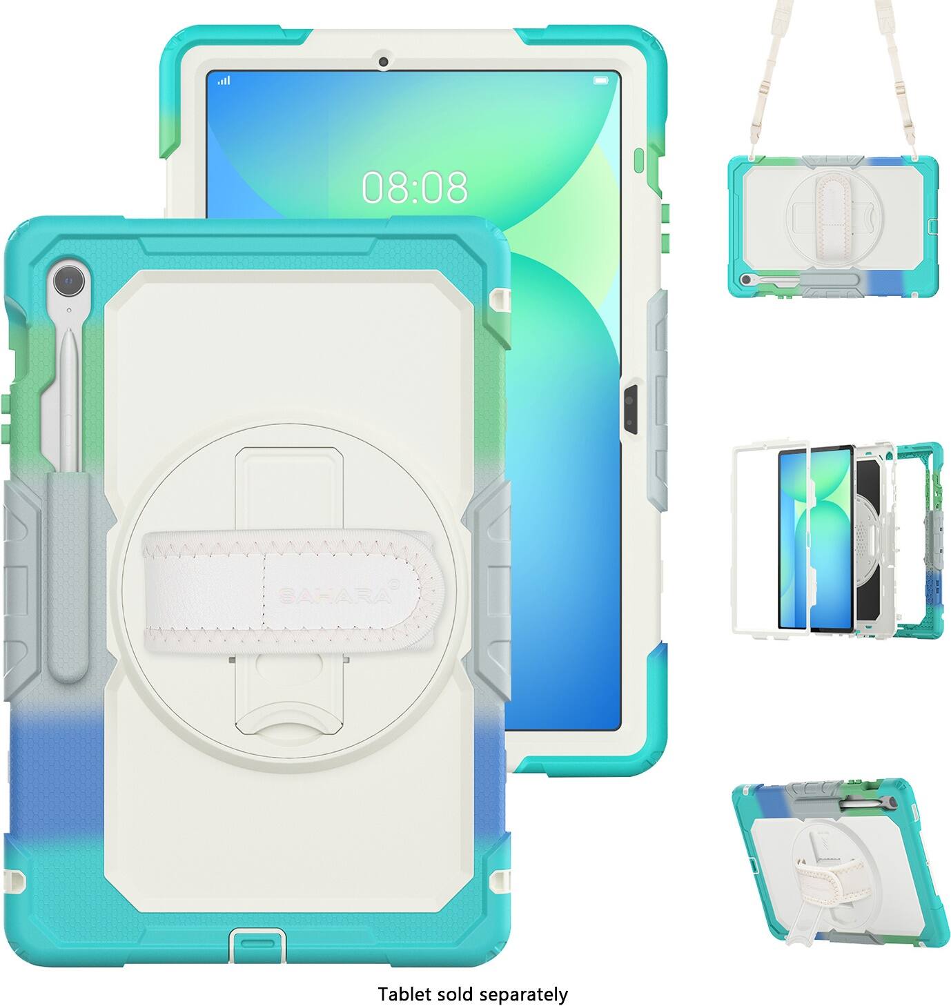 The image features a SAHARA tablet, which is sold separately. The tablet is displayed in various positions, including a close-up view and a side view. Additionally, there is a case for the tablet, as well as a purse that can be used to carry the tablet. The image also shows the tablet in a case, emphasizing its portability and convenience.