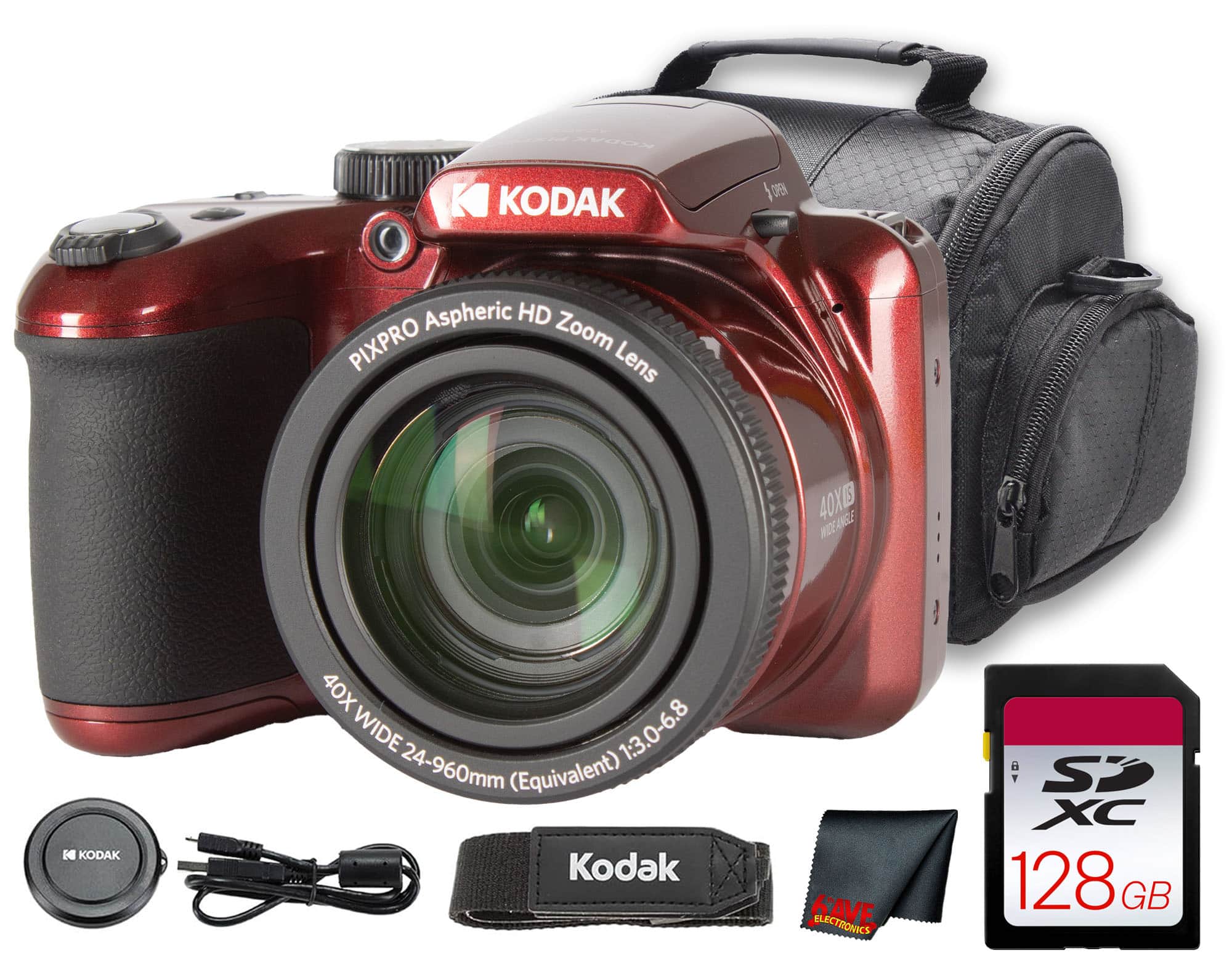 Kodak - PIXPRO AZ405 Digital Camera (Red) (AZ405RD) + 128GB Card + Bag + Cloth
