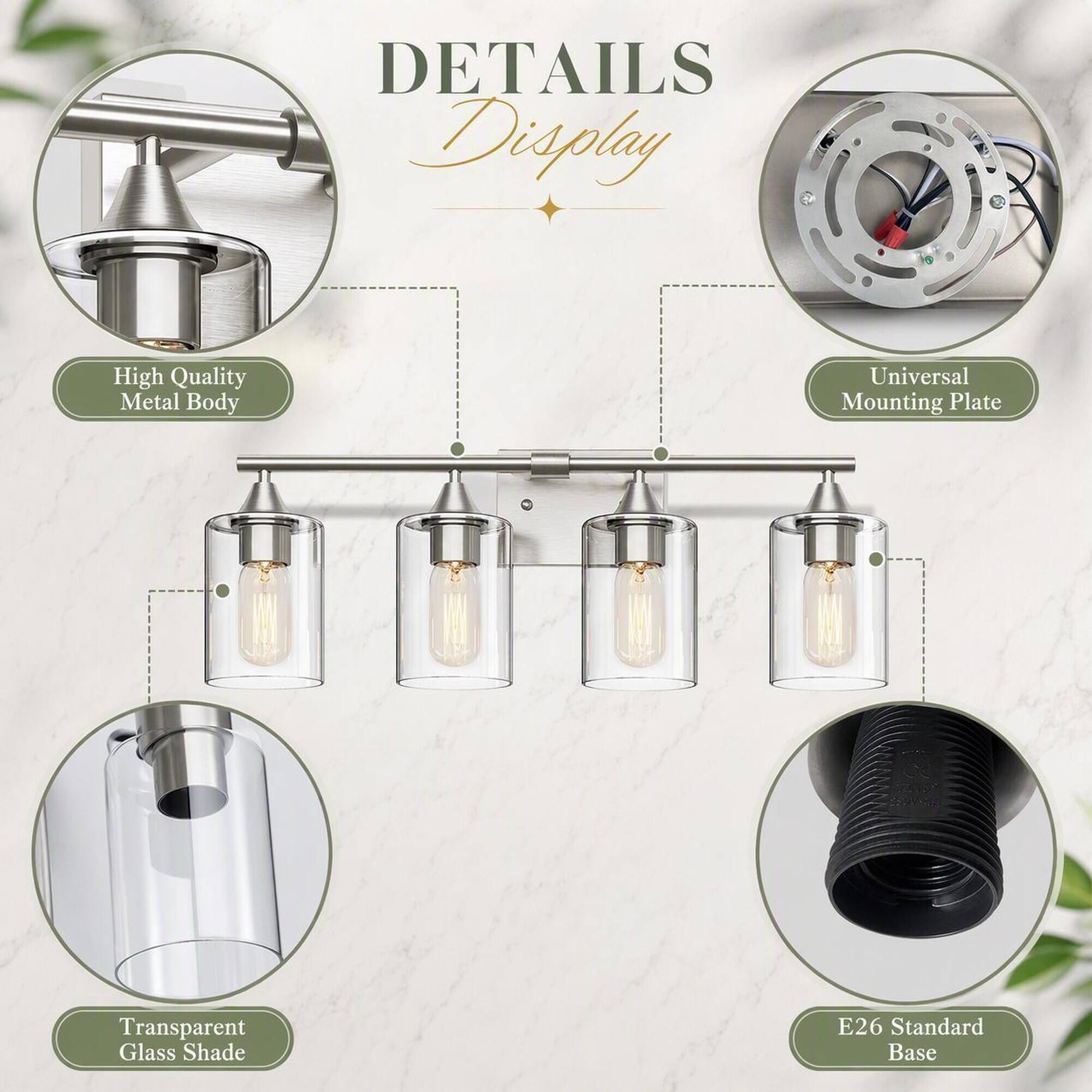 DETAILS Display

- High Quality Metal Body
- Universal Mounting Plate
- Transparent Glass Shade
- E26 Standard Base