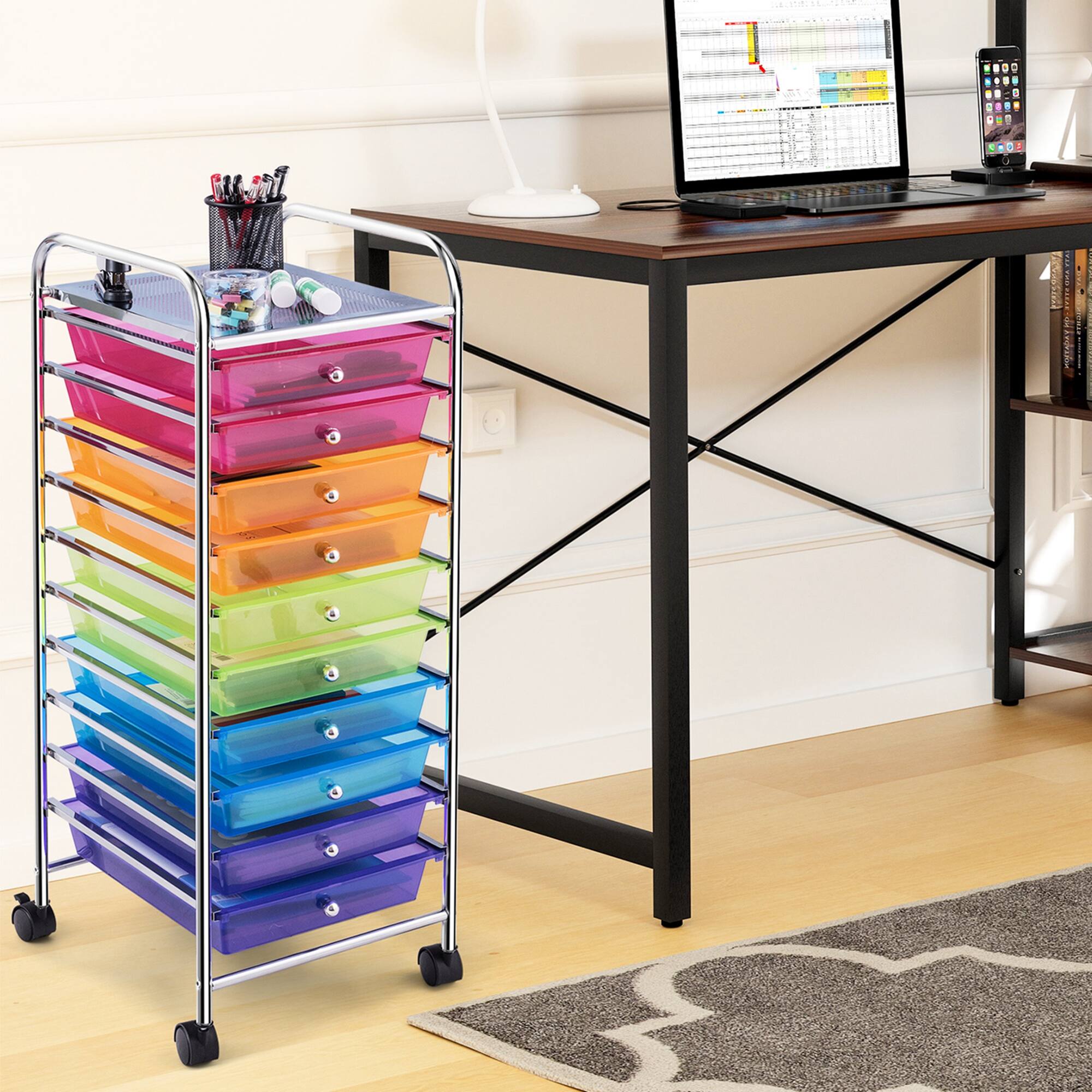 Alt View 3. Costway - 10 Drawer Rolling Storage Cart Scrapbook Paper Office School Organizer - Multicolor.