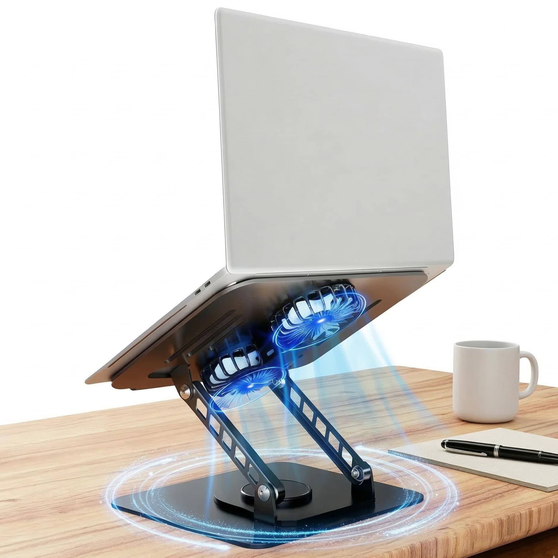 HongFei - Laptop Stand for Desk with Quiet Cooling Fans - 360 Rotating Base Ergonomic Computer Stand, Aluminum Laptop Riser - Black