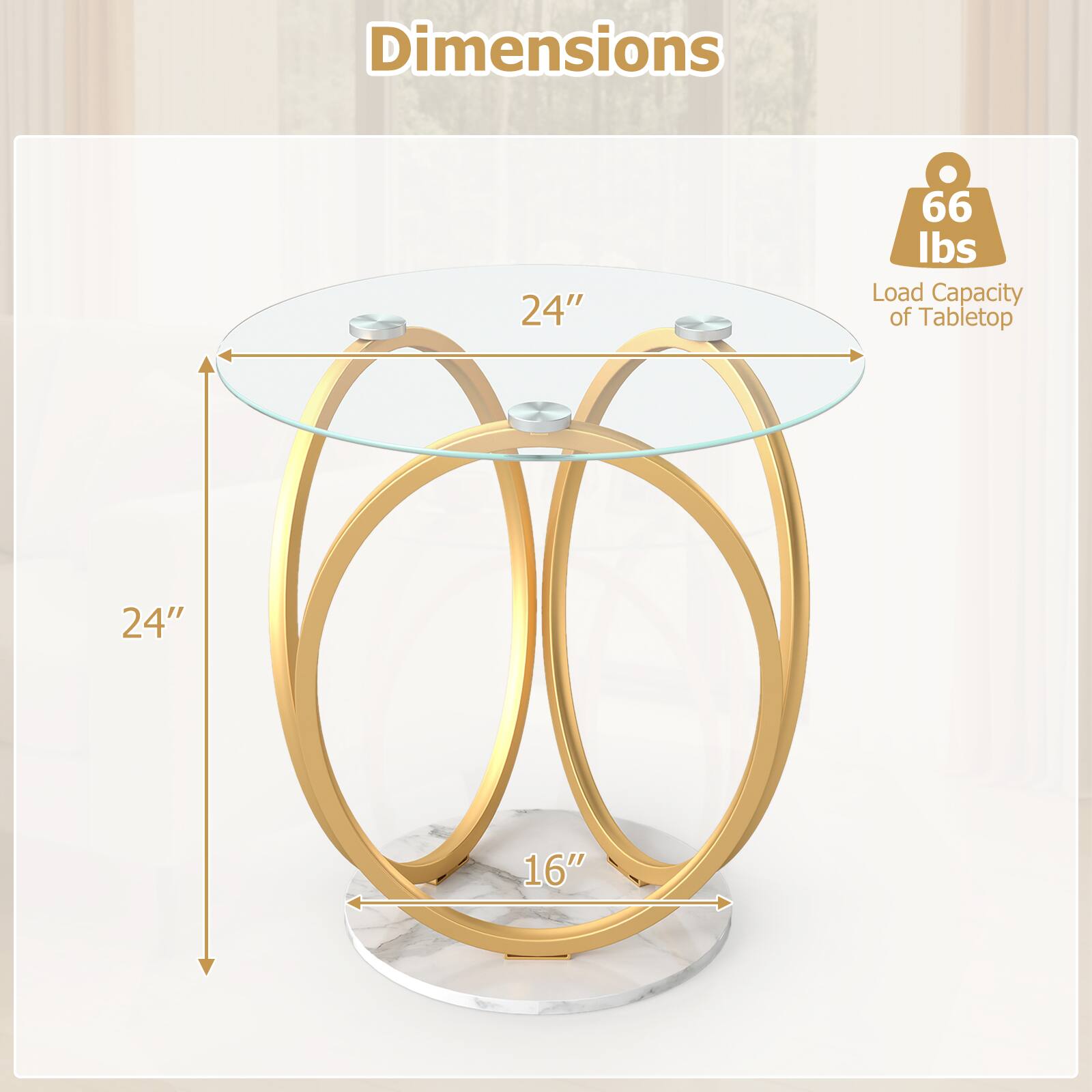 Dimensions: 24" x 24" x 16"  
Load Capacity of Tabletop: 66 lbs