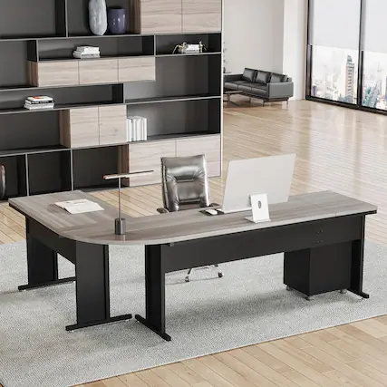 Front. APRILSOUL - 83in L-Shaped Executive Desk with Reversible Design 3-Drawer Mobile File Cabinet Business Workstation for Office Gray - Gray+Black.