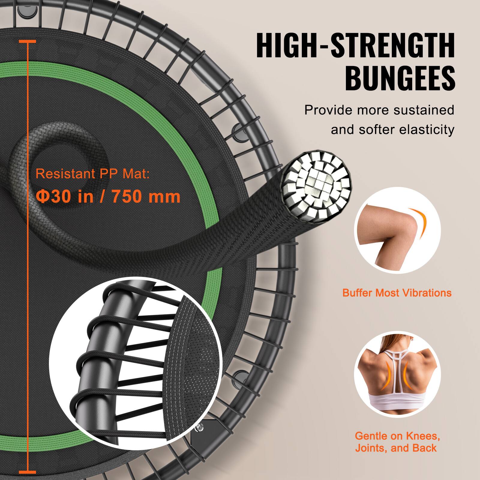 HIGH-STRENGTH BUNGEEs  
Provide more sustained and softer elasticity  

Resistant PP Mat:  
Φ30 in / 750 mm  

Buffer Most Vibrations  

Gentle on Knees, Joints, and Back