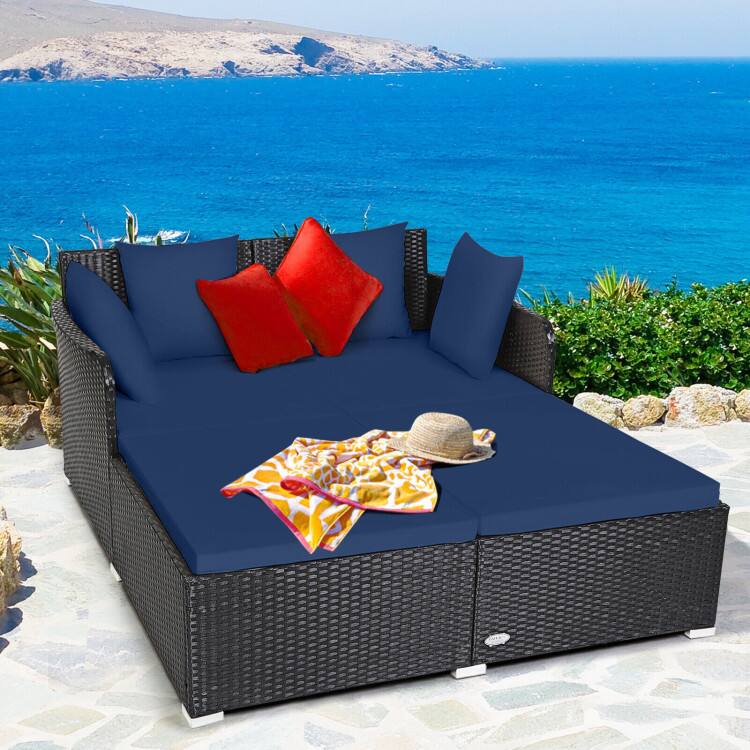 Left. SlickBlue - Spacious Rattan Daybed with Soft Cushions and Pillows for Outdoor Relaxation - Navy.