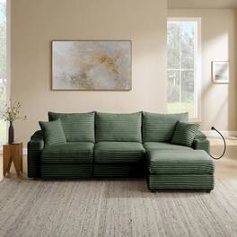 Yardgrace - 104 Inch L Shaped Modular Sectional Sofa Green Corduroy with Ottoman Charger Cup Holders Armrest Storage - Green