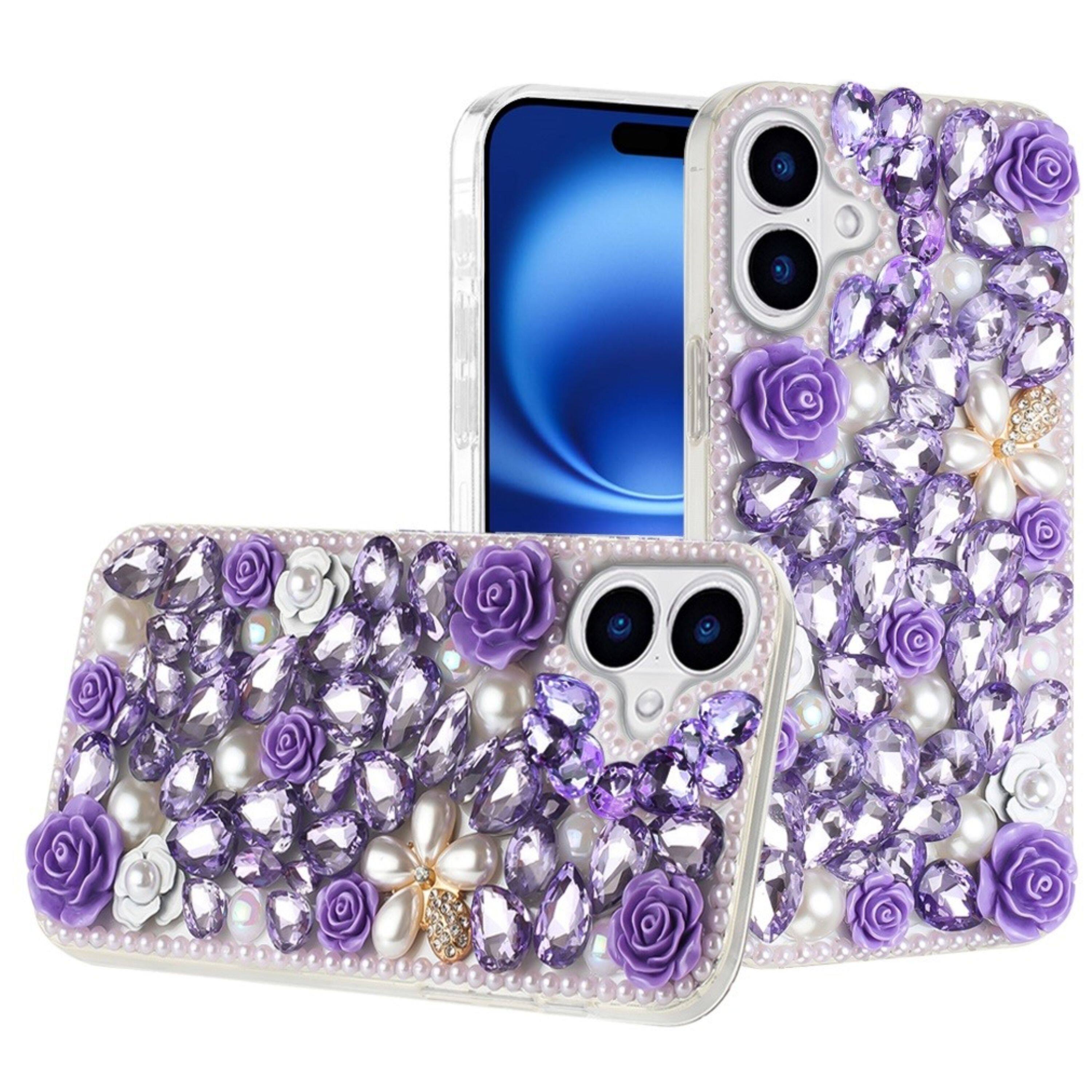 Kitcheniva - Full Jewel with 3D Roses Bling Phone Cover Plus Tempered Glass For iPhone 17 - Purple price history on PriceWatchPro