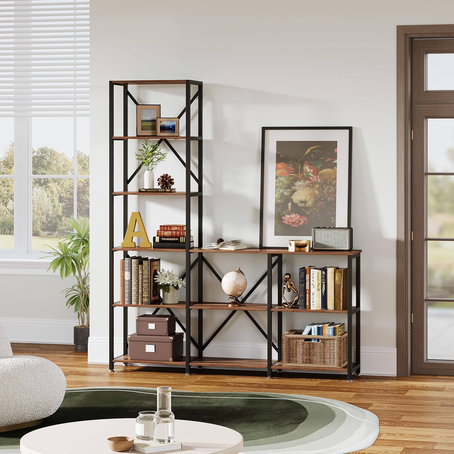 Front. Tribesigns - 5-Tier Ladder Corner Bookshelf with 9 Open Shelves and Metal Frame for Home Office, Brown and Black - Brown and Black.