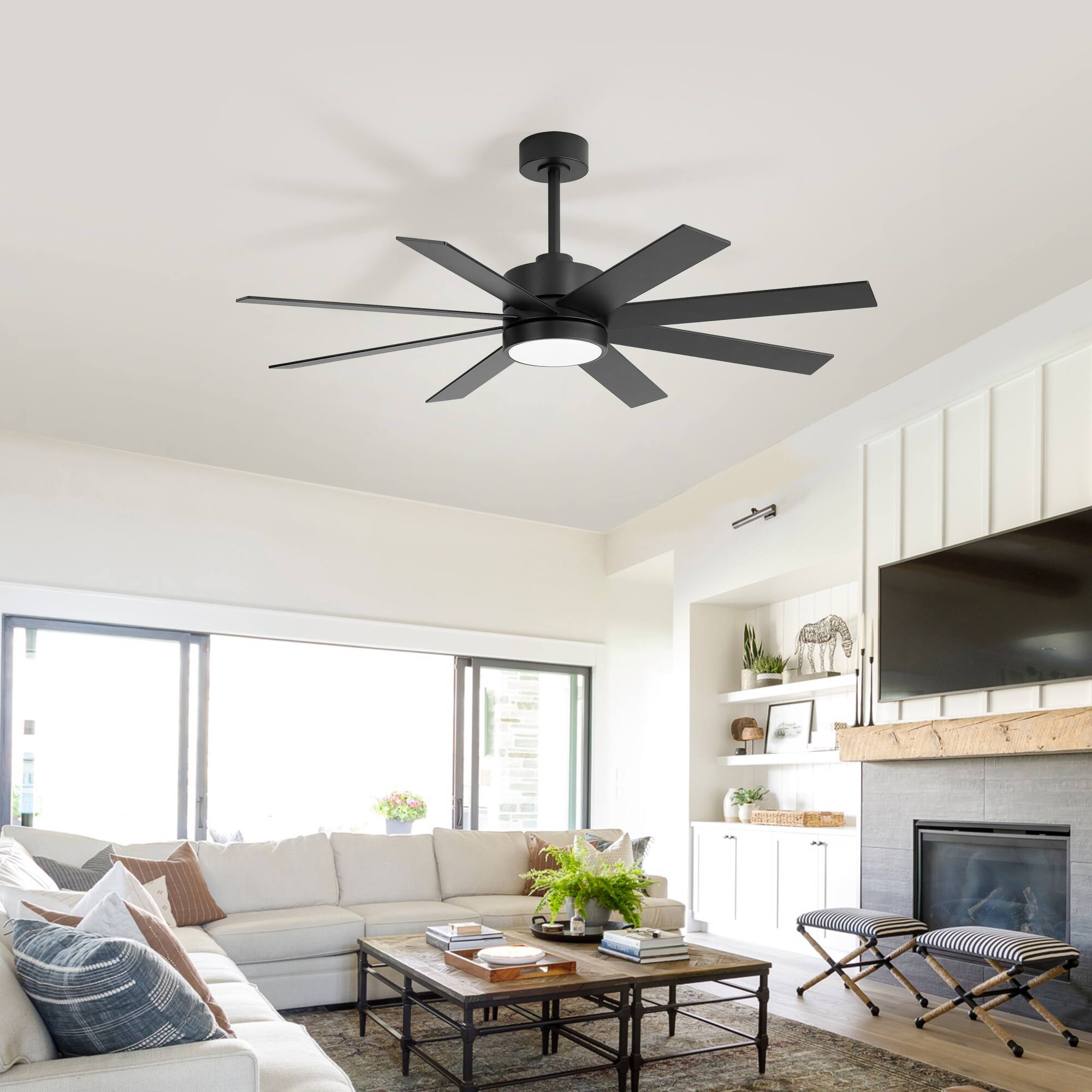 Alt View 1. Breezary - 52-Inch Ceiling Fan with LED Light, 8 Blades, 6-Speed Remote, Tri-Color Dimmable Light, Acrylic Shade, Downrod Mount - Black and Walnut.