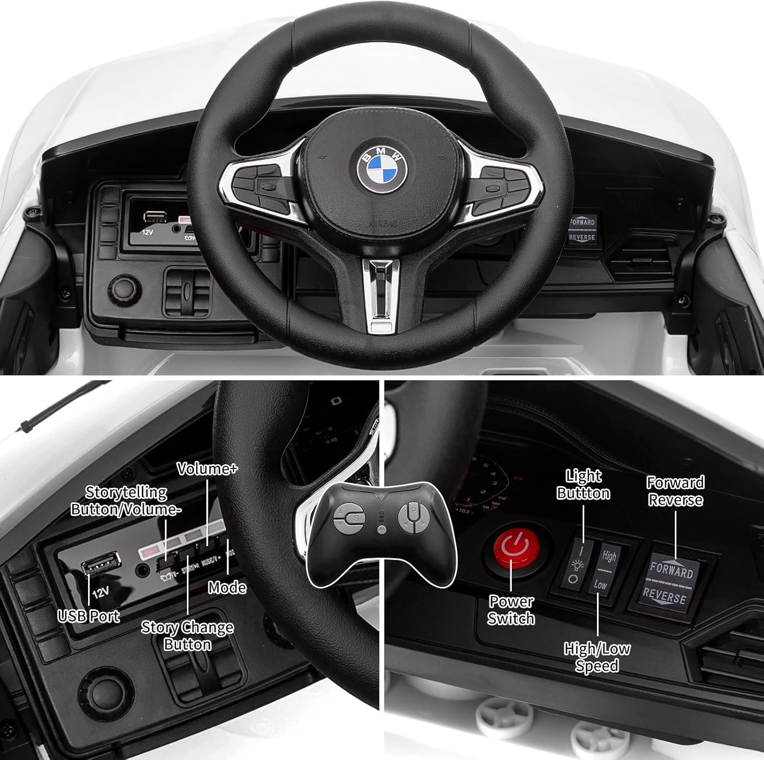 - BMA
- M
- B
- W
- 12V
- ORRARD
- KVRR
- Volume+
- Storytelling Button/Volume-
- Light Button
- Forward Reverse
- EP
- KSCY
- 12V Mode
- USB Port
- Story Change Button
- High FORWARD Low Power REVERSE Switch
- High/Low Speed

Corrected and grouped text:

- BMA
- M
- B
- W
- 12V
- ORRARD
- KVRR
- Volume+
- Storytelling Button/Volume-
- Light Button
- Forward Reverse
- EP
- KSCY
- 12V Mode
- USB Port
- Story Change Button
- High/Low Speed
- Power Switch
- High/Low Speed
- Forward
- Reverse