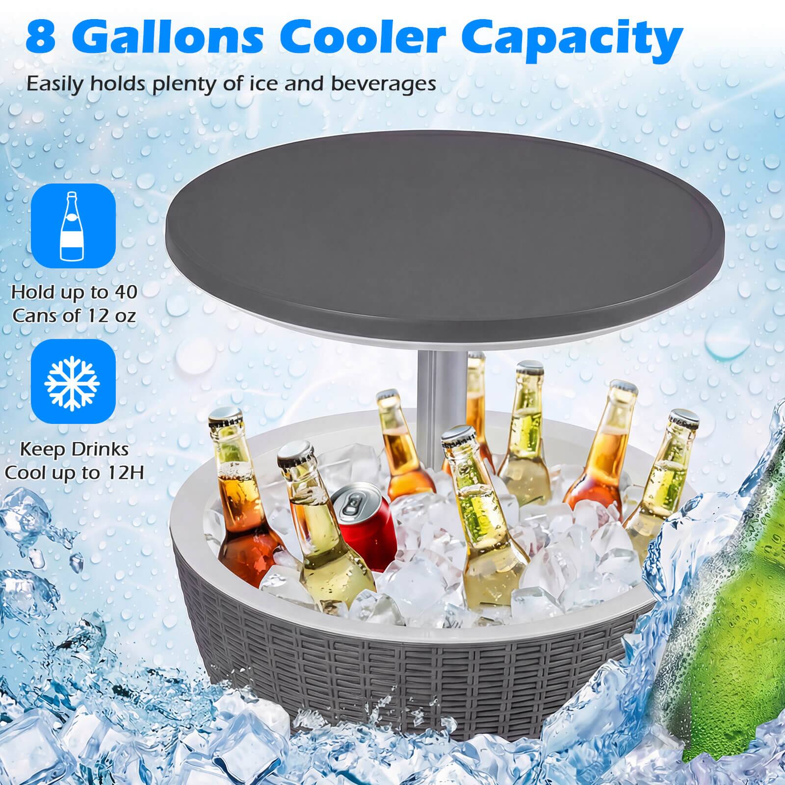 8 Gallons Cooler Capacity  
Easily holds plenty of ice and beverages  
Hold up to 40 Cans of 12 oz  
Keep Drinks Cool up to 12H