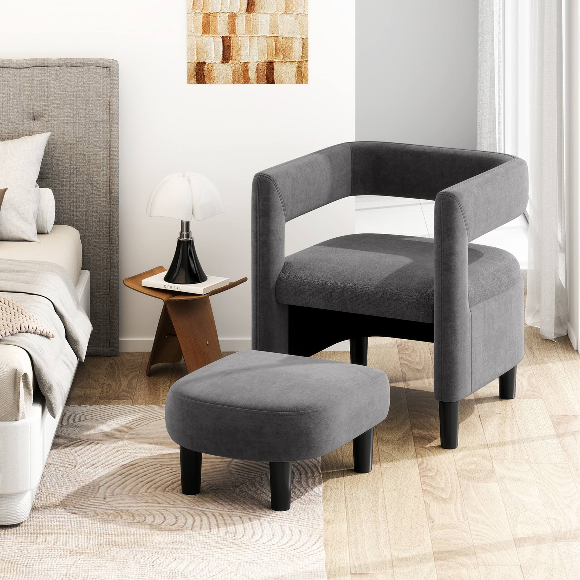 Alt View 9. Costway - Costway Comfy Accent Armchair with Footrest Upholstered Velvet Barrel Chair & Ottoman Set - Dark Gray.