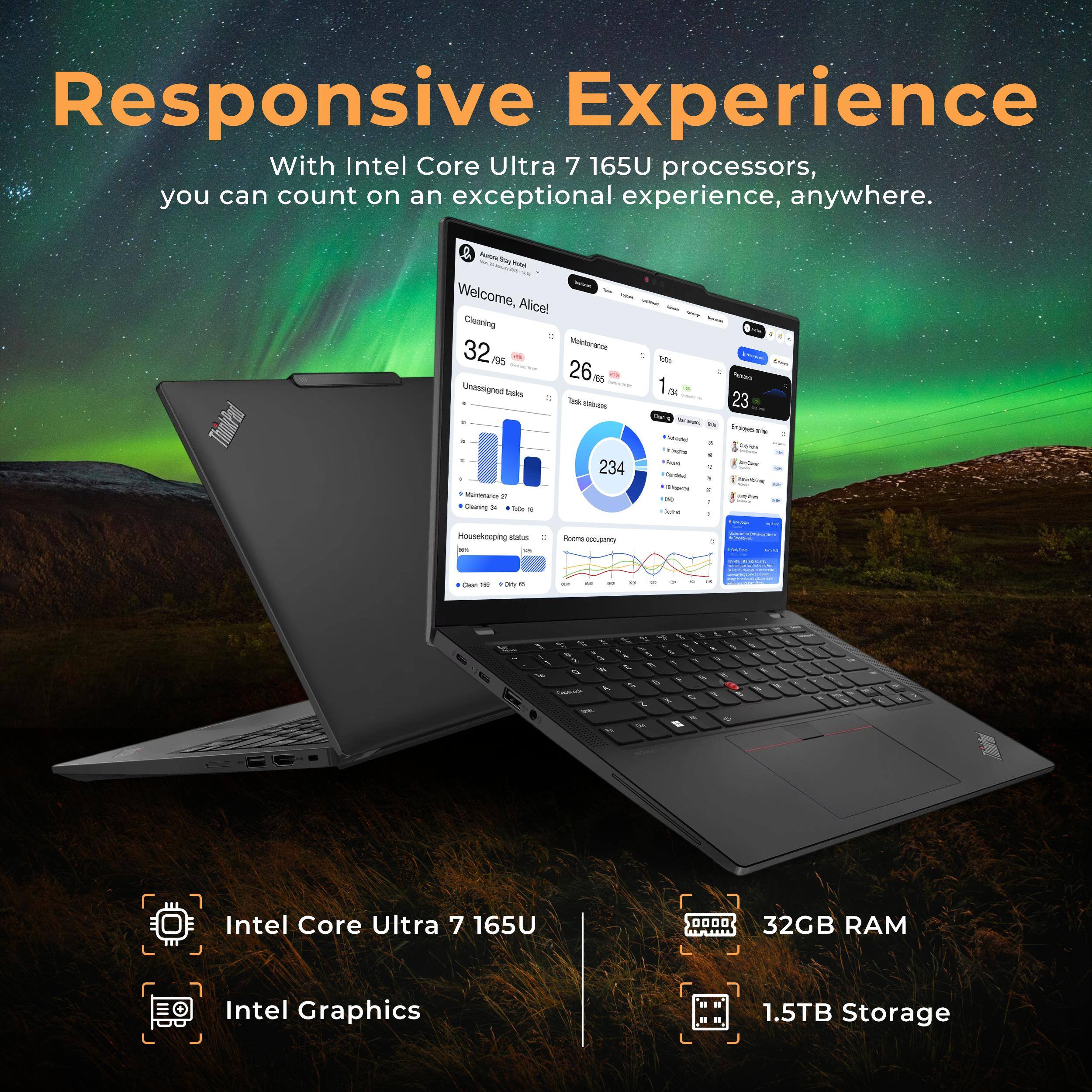 Responsive Experience  
With Intel Core Ultra 7 165U processors, you can count on an exceptional experience, anywhere.

Welcome, Alice Cearg  
32 Msntorania / 26 AR Unassigned Tasks  
234 Musaros - Ceerng - 5 - S 1 I - - - - - - - Reratc 23 noingotc /e - Houtehaeping slaus i - . Pm OH - - - - - -. 1 - - 1 - - - - - - - - - - - - - - - - - - - - - - - - - - - - - - - - - - - - - - - - - - - - - - - - - - - - - - - - - - - - - - - - - - - - - - - - - - - - - - - - - - - - - - - - - - - - - - - - - - - - - - - - - - - - - - - - - - - - - - - - - - - - - - - - - - - - - - - - - - - - - - - - -