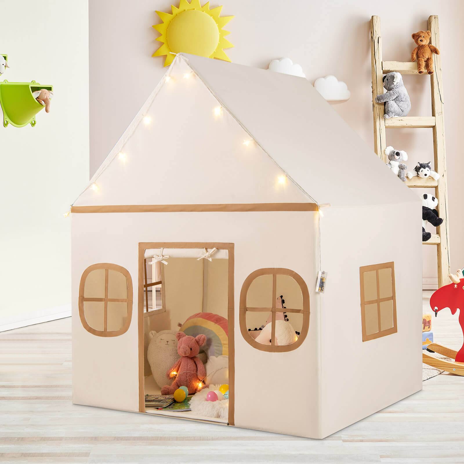 Alt View 2. Costway - Costway Kids Play Tent with Padded Mat, Star Lights, Side Storage Bags, Door & Windows - Brown.