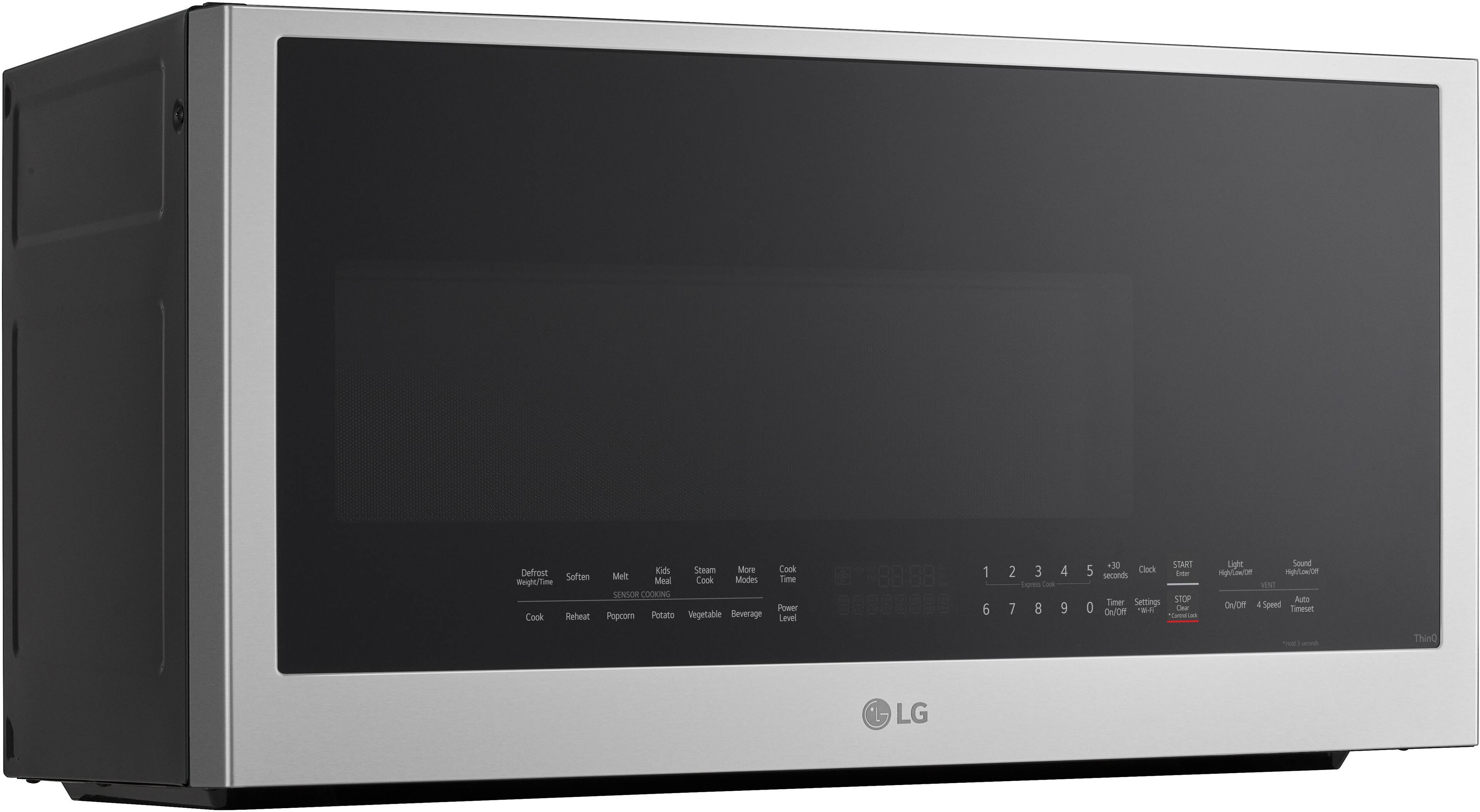 Defrost, Weight, Tae, Cook, Soften, Reheat, Eids, Steam, More, Cook, Melt, Cook Modes, Time, Meal, SENSOR COOKING, Power, Popcorn, Potato, Vegetable, Beverage, Level, 1, 2, 3, 4, 5, 6, 7, 8, 9, 0, START, Clock, seconds, Timer Settings, STOP, On/Off, Cea, Light, Sound, High/Low/on, V, Auta, On/Off, 4Speed, Timeset, ThinQ, LG