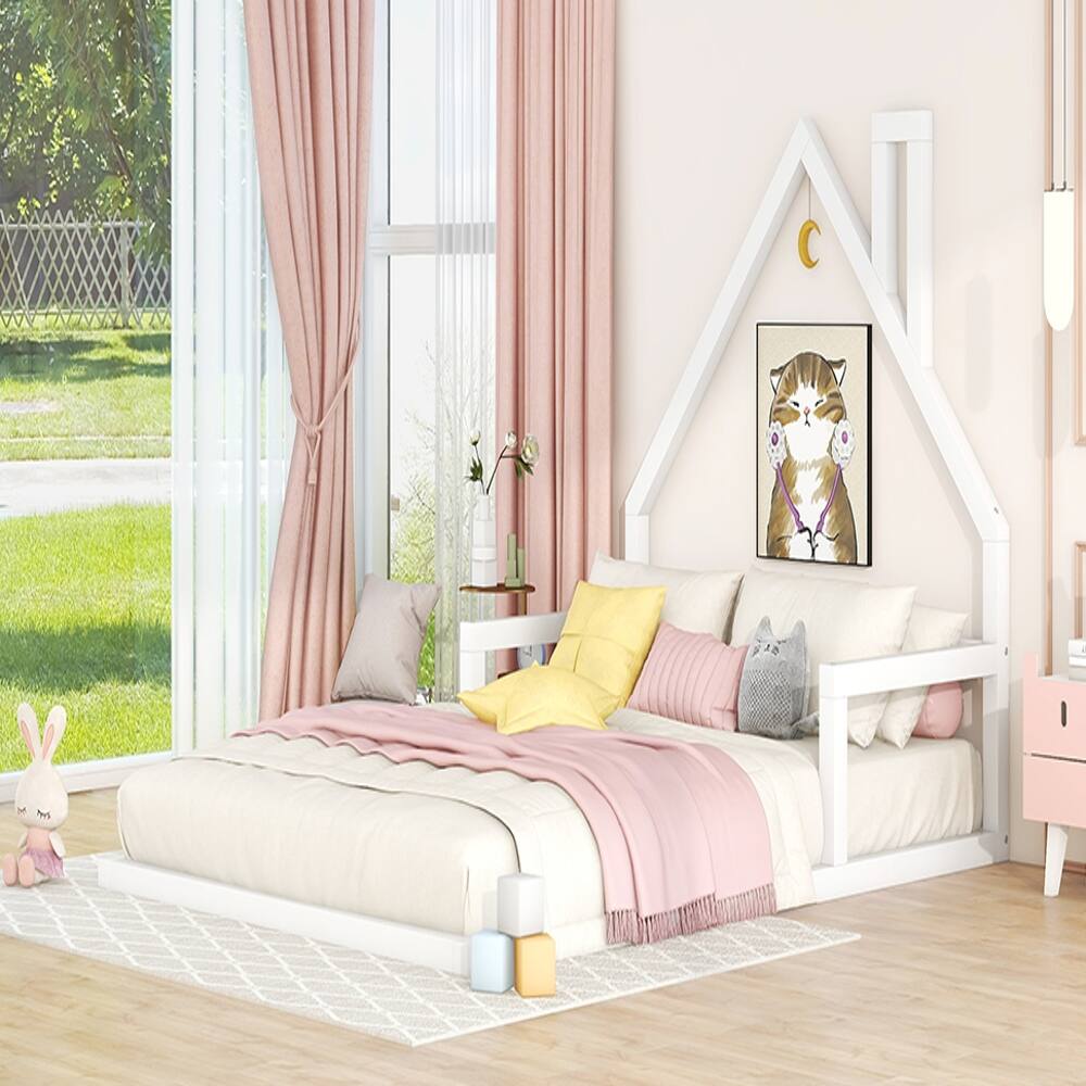 Back. Loheer - Loheer Full Size House Bed White Wood Floor Bed with House Shaped Headboard Kids House Bed Full Size - White.