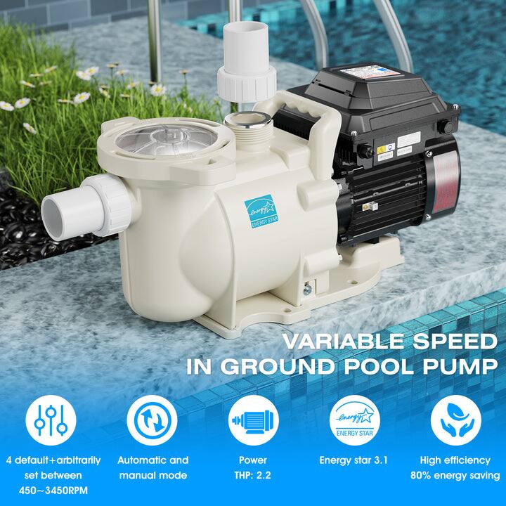 VARIABLE SPEED IN GROUND POOL PUMP

- 4 default+arbitrarily set between 450-3450RPM
- Automatic and manual mode
- Power THP: 2.2
- Energy star 3.1
- High efficiency 80% energy saving