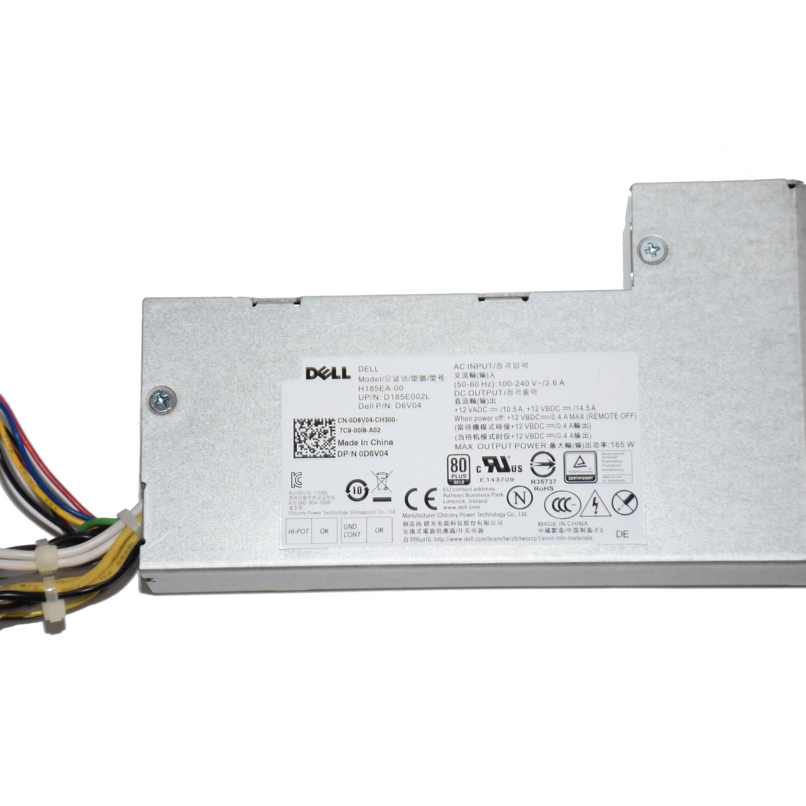 DELL AC DELL Model% 5-0-4r0 H185EA-00 DC OUTPUTIN UPIN D185E002L 2  Dell PIN DEVO4 - 145A +12 VADC - 10 12VBDC When power un 12 VBOCRO 4 AMAX (REMOTE OFF CN-00EV04-CH300 IN 13 VADC mic 1  TCB 001-402 12 12 VHDC mil   Madie in China a MAX OUTPUT POWER OP N 00EVO4 80 C LR Us PLUS - E184700 55732 M 10 Eu contedt  NoRiS - Runcen - Pus ... - CE Lnera - N ... chnazet - i ... . !  - / n IM Munutacture Checers Pee echnology MAUE i CooNA  HEPOT L OK  i  CONT DE a iiuns 1 wae o condeuntarc/ecog