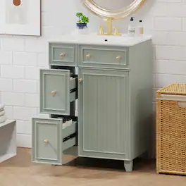 Whisen - 24-Inch Bathroom Vanity with Ceramic Sink,Compact Storage Cabinet with 2 Drawers and 1 Door - Green