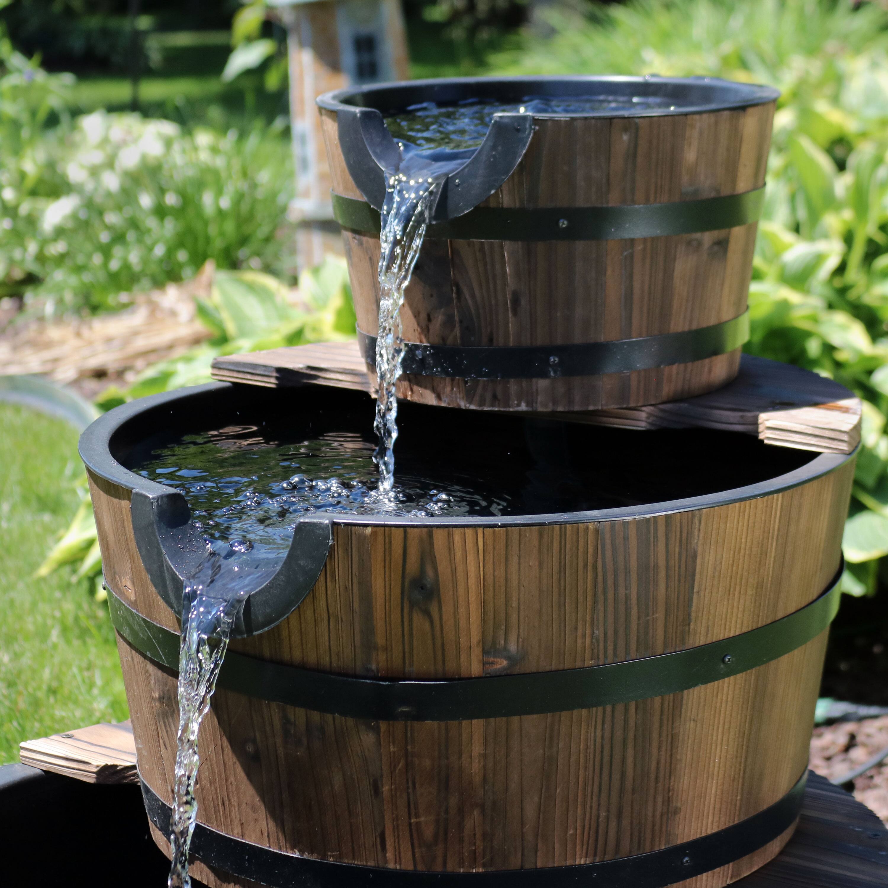 Alt View 7. Sunnydaze - Rustic 3-Tier Wooden Fir Barrel-Style Water Fountain - 30 in - Brown.