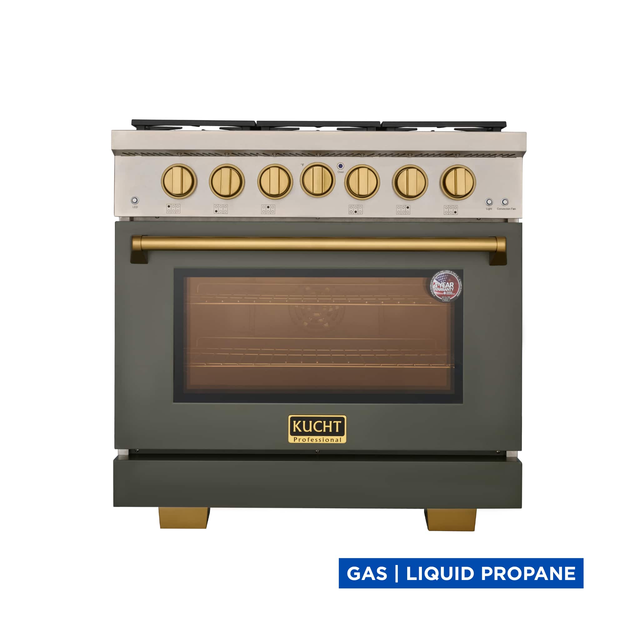 Kucht - 36 in. 5.2 cu. ft. Propane Gas Range and Convection Oven in Olive Green with gold knobs and True Simmer Burners - Olive Green price history on PriceWatchPro